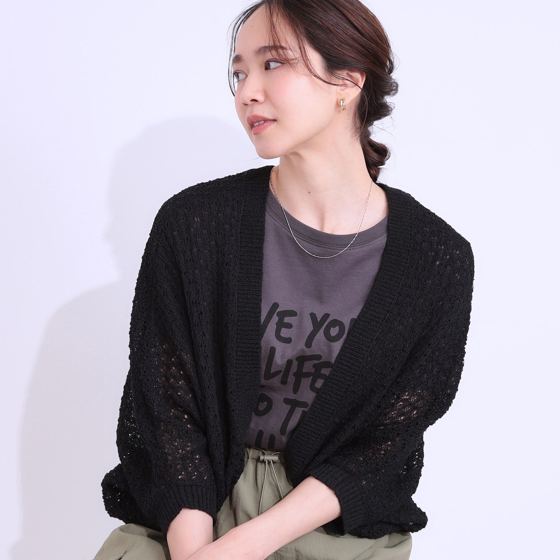 キューティーブロンド Cutie Blonde リネンライク 透かし編みボレロカーディガン （ブラック(019)） ブラック(019)