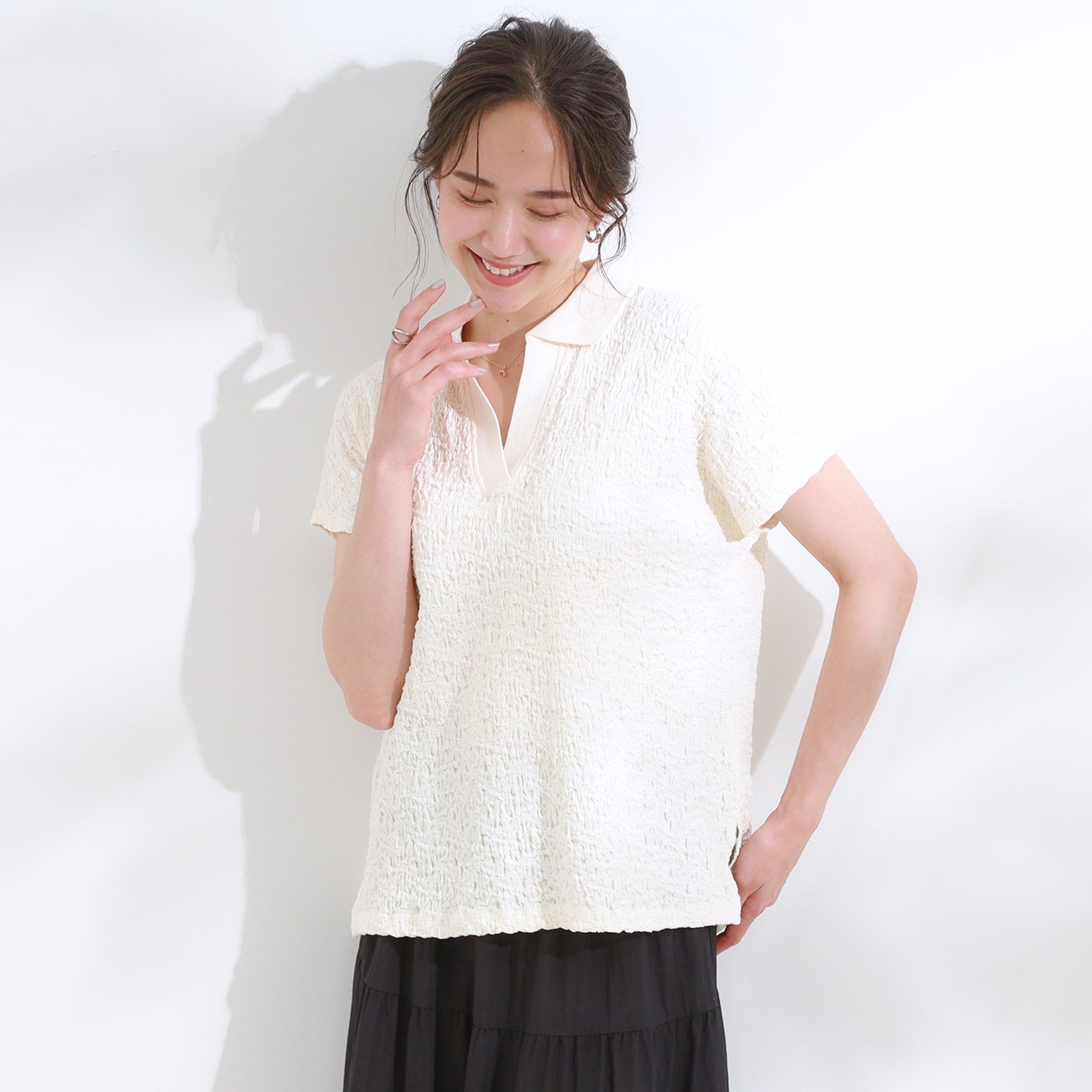 キューティーブロンド Cutie Blonde 【S-LL】一枚で着映え フレンチスリーブ ポロスキッパートップス （オフホワイト(003)） オフホワイト(003)