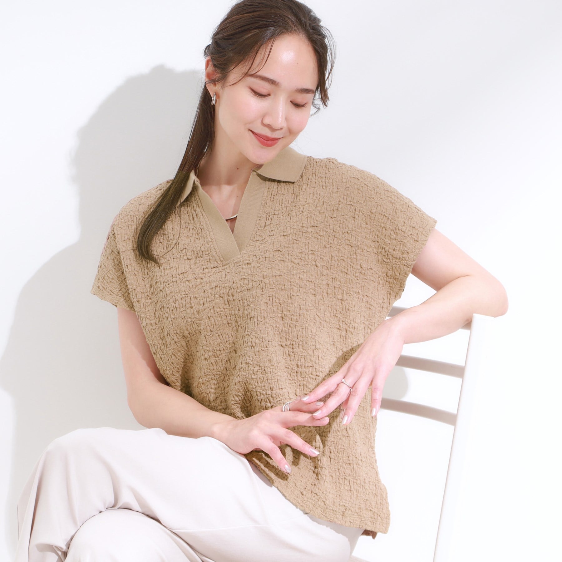 キューティーブロンド Cutie Blonde 【S-LL】一枚で着映え フレンチスリーブ ポロスキッパートップス （モカブラウン(042)） モカブラウン(042)