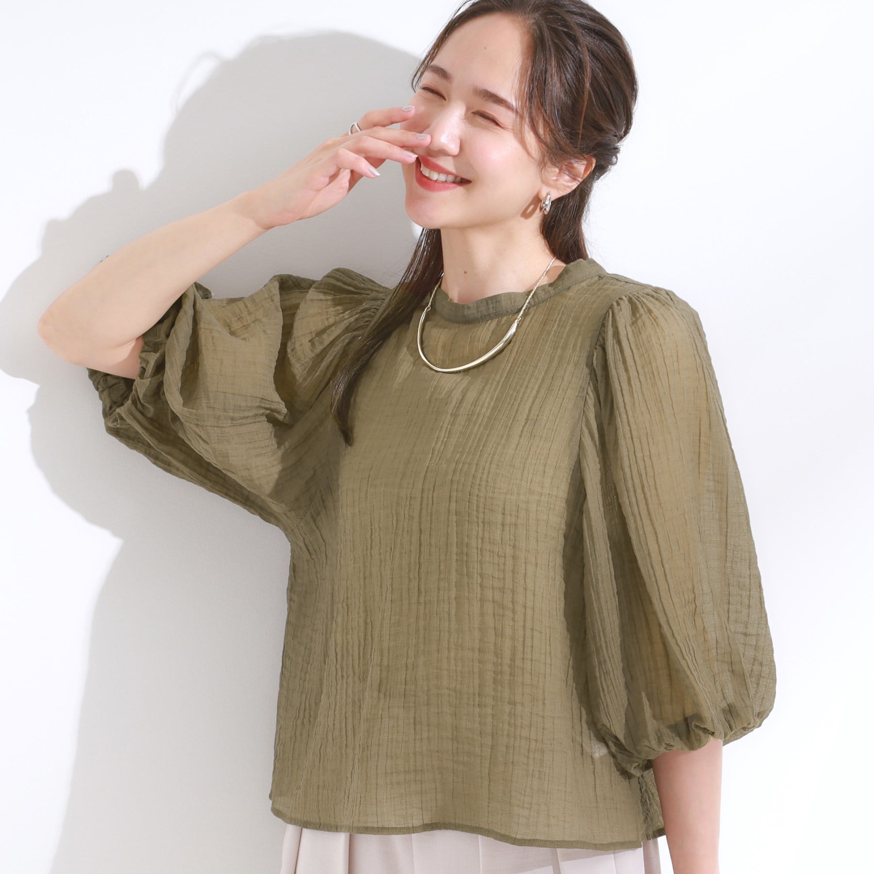 キューティーブロンド Cutie Blonde 【S-LL/前後2WAY】バルーンスリーブが華やか こなれ見えシアーブラウス （オリーブグリーン(026)） オリーブグリーン(026)