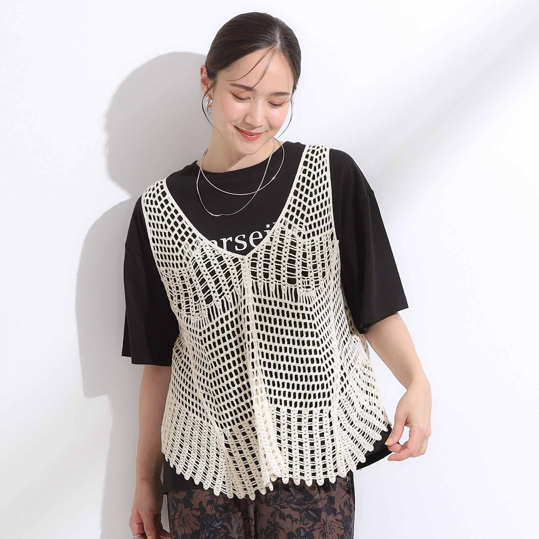 キューティーブロンド Cutie Blonde 【2点SET】クロシェ編みレースベスト＆Tシャツワンピースセット （チャコールグレー(014)） チャコールグレー(014)