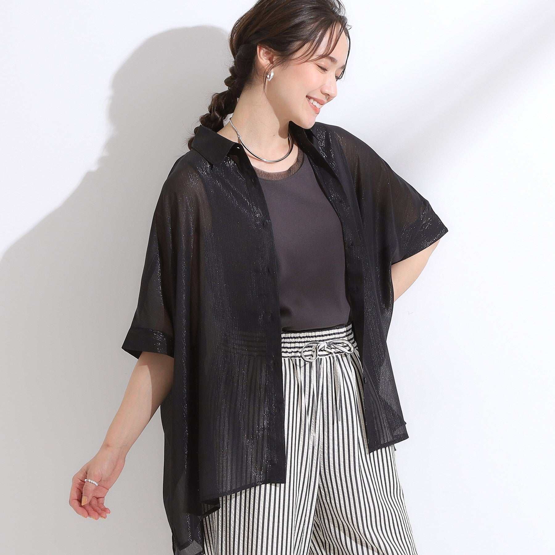 キューティーブロンド Cutie Blonde シアーラメ楊柳ポンチョシャツ （ブラック(019)） ブラック(019)