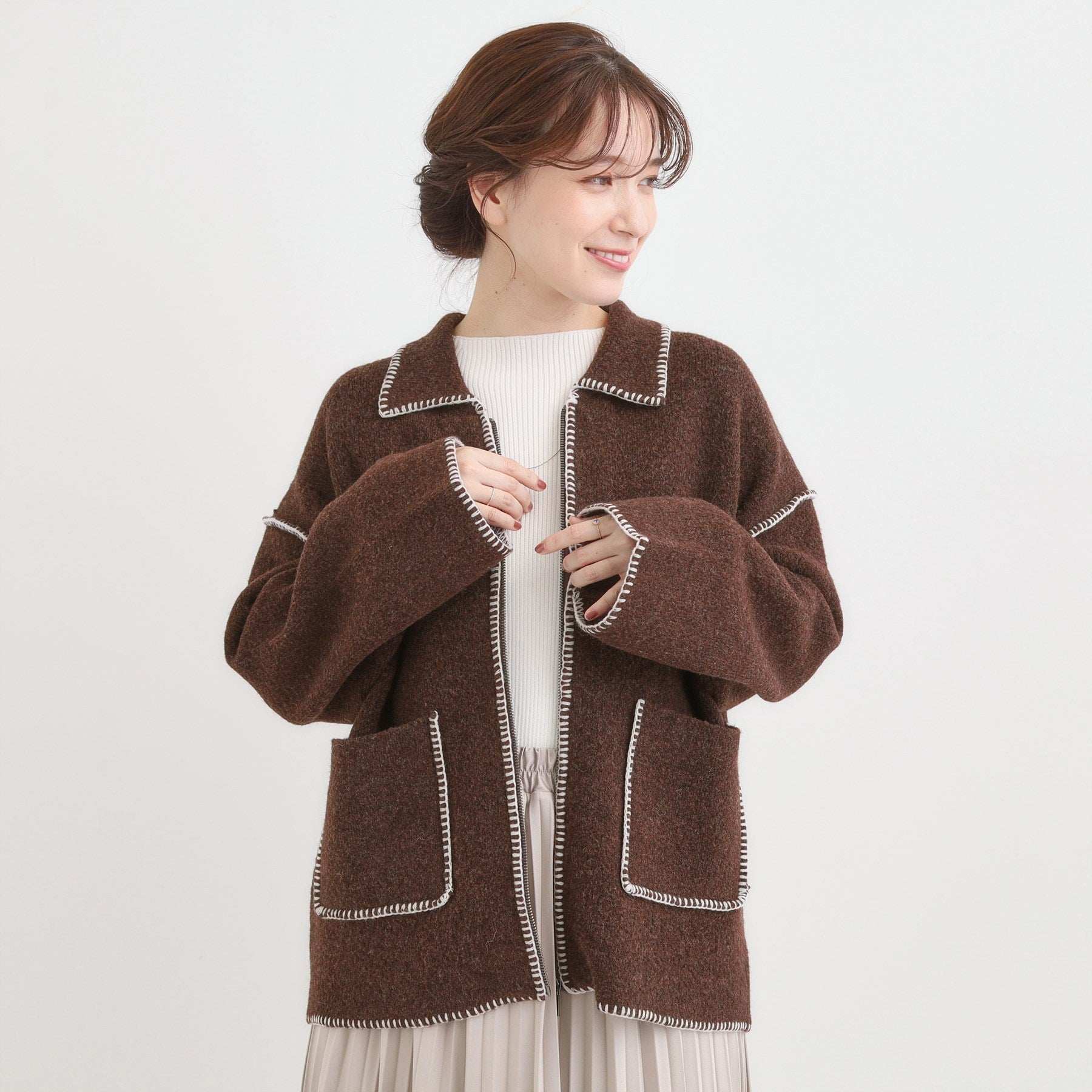 キューティーブロンド Cutie Blonde 配色ステッチがポイント 衿付きジップニットカーディガン （アイボリー(004)） アイボリー(004)