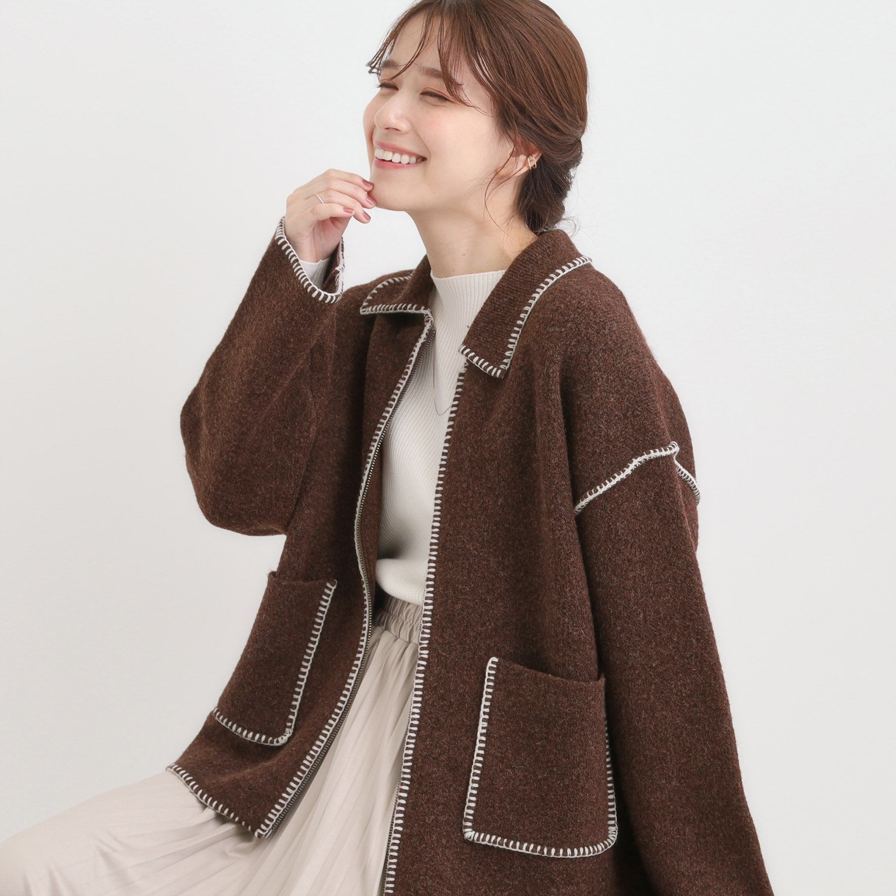 キューティーブロンド Cutie Blonde 配色ステッチがポイント 衿付きジップニットカーディガン （アイボリー(004)） アイボリー(004)