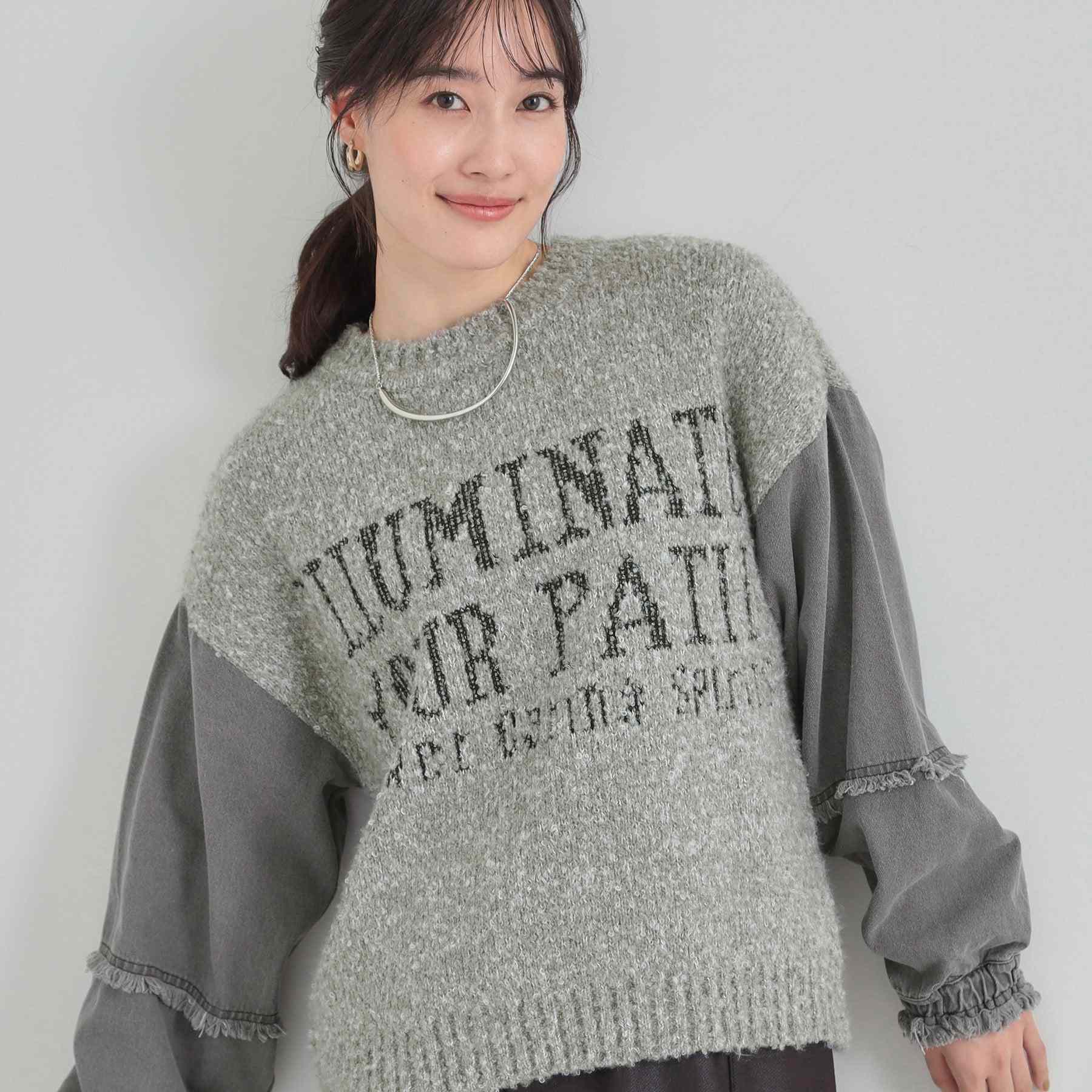 キューティーブロンド Cutie Blonde 袖デニム切替 ブークレロゴニット （チャコールグレー(014)） チャコールグレー(014)