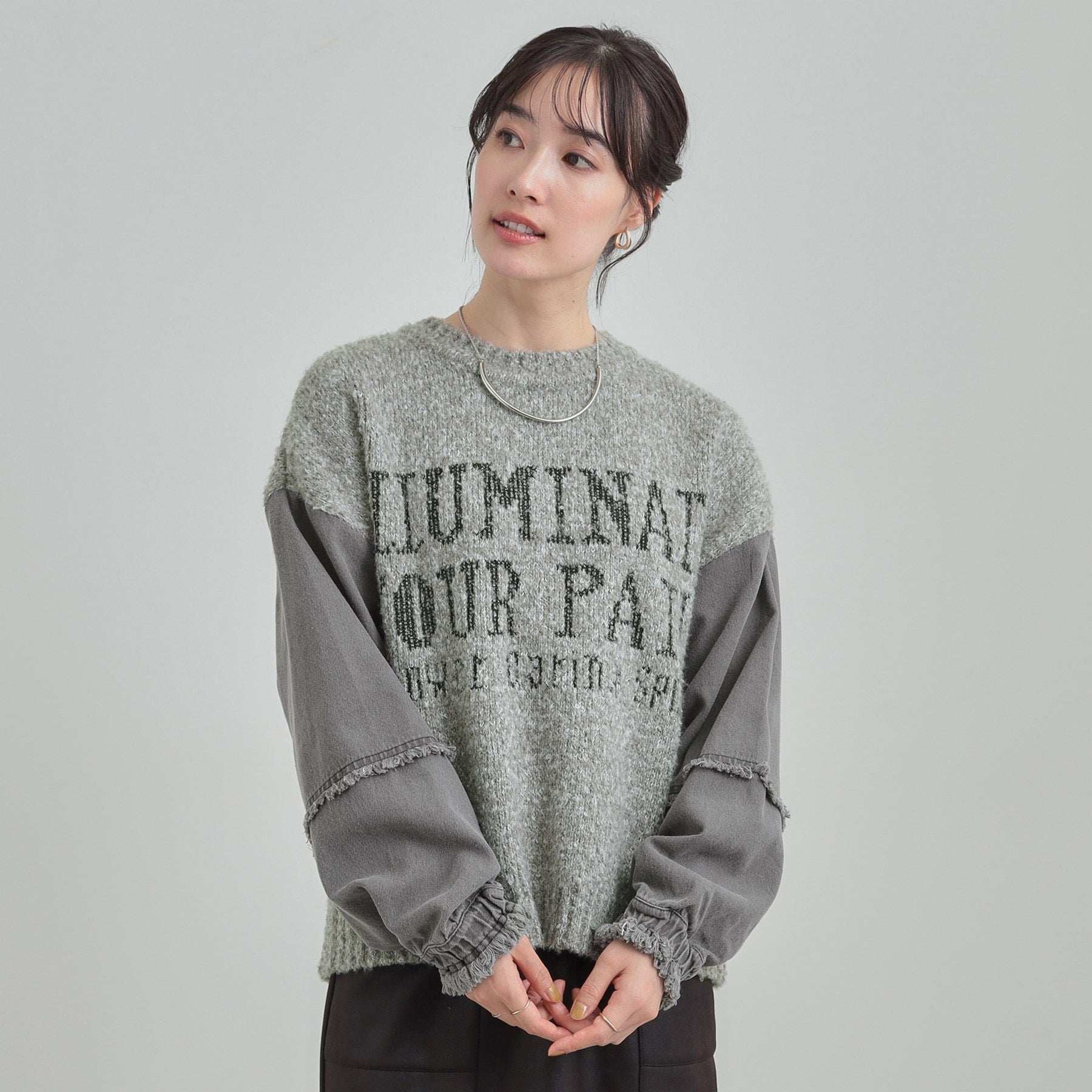 キューティーブロンド Cutie Blonde 袖デニム切替 ブークレロゴニット （チャコールグレー(014)） チャコールグレー(014)