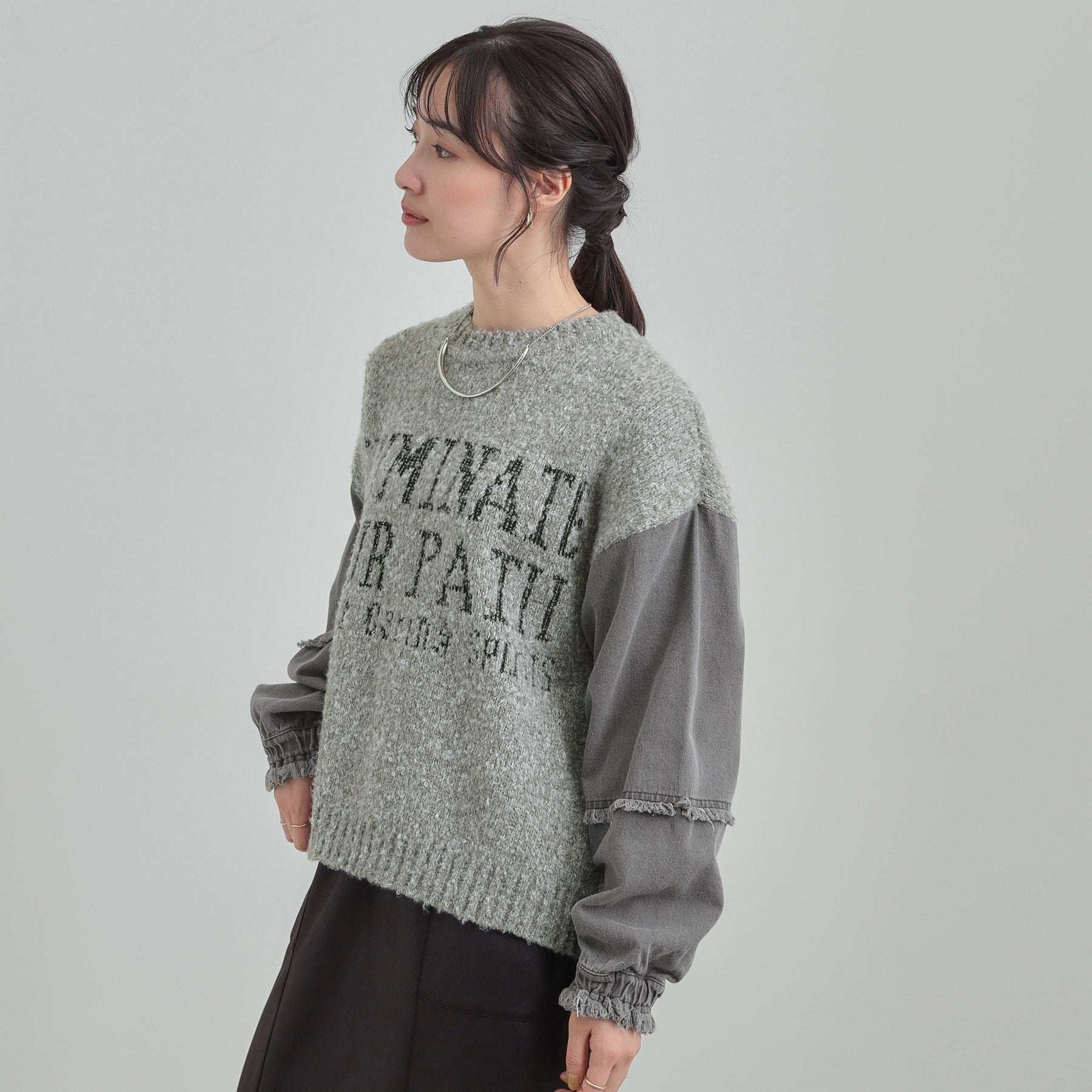 キューティーブロンド Cutie Blonde 袖デニム切替 ブークレロゴニット （チャコールグレー(014)） チャコールグレー(014)