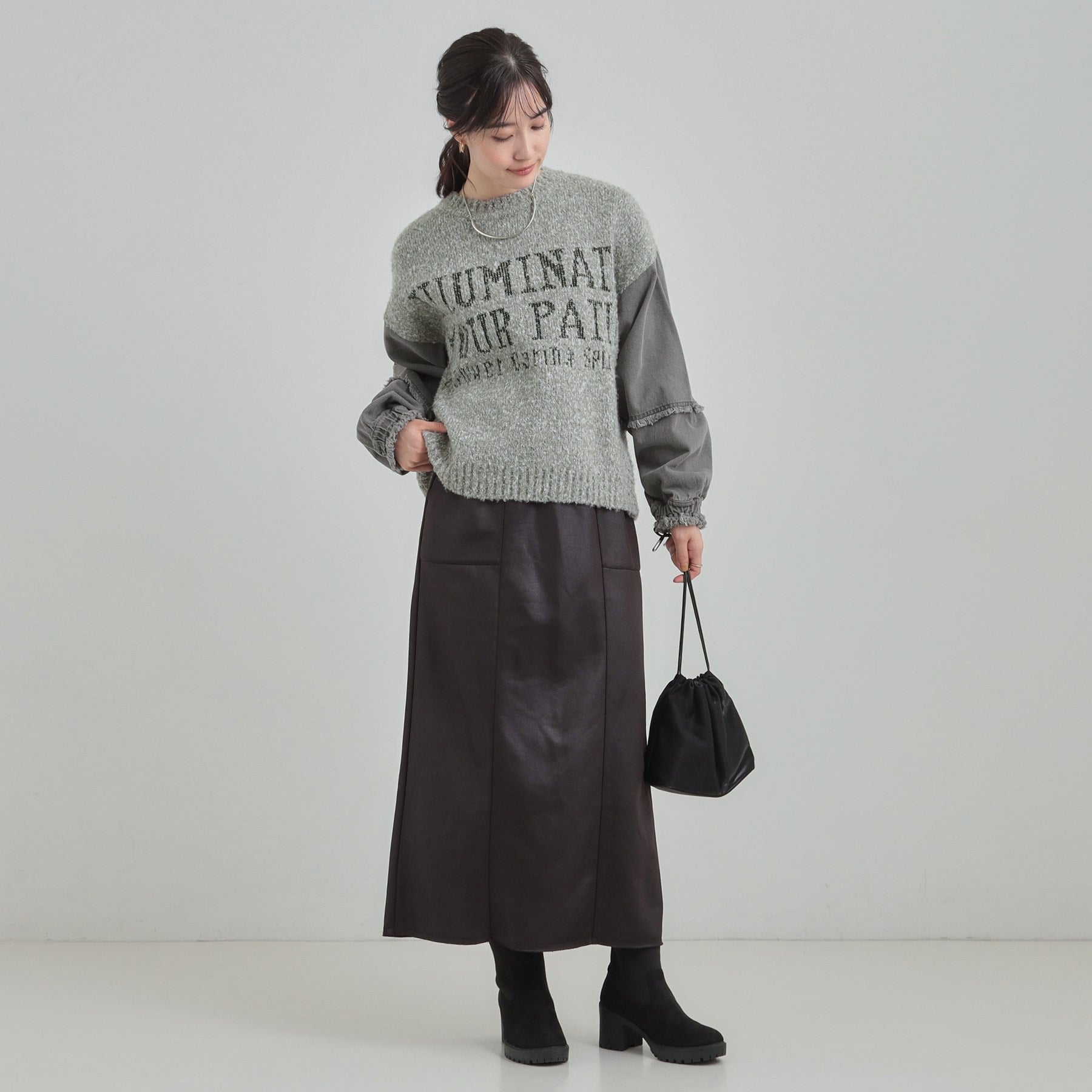 キューティーブロンド Cutie Blonde 袖デニム切替 ブークレロゴニット （チャコールグレー(014)） チャコールグレー(014)