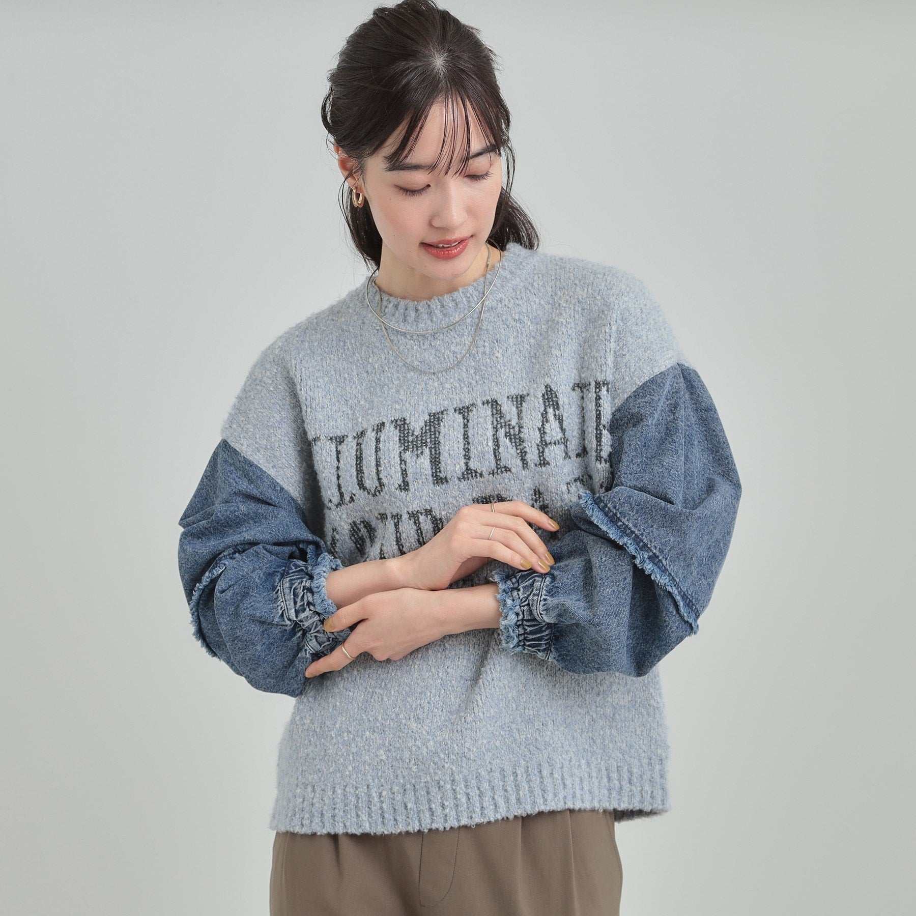 キューティーブロンド Cutie Blonde 袖デニム切替 ブークレロゴニット （チャコールグレー(014)） チャコールグレー(014)