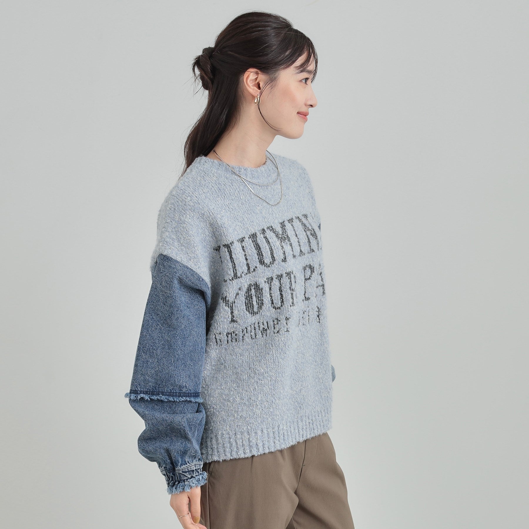 キューティーブロンド Cutie Blonde 袖デニム切替 ブークレロゴニット （チャコールグレー(014)） チャコールグレー(014)