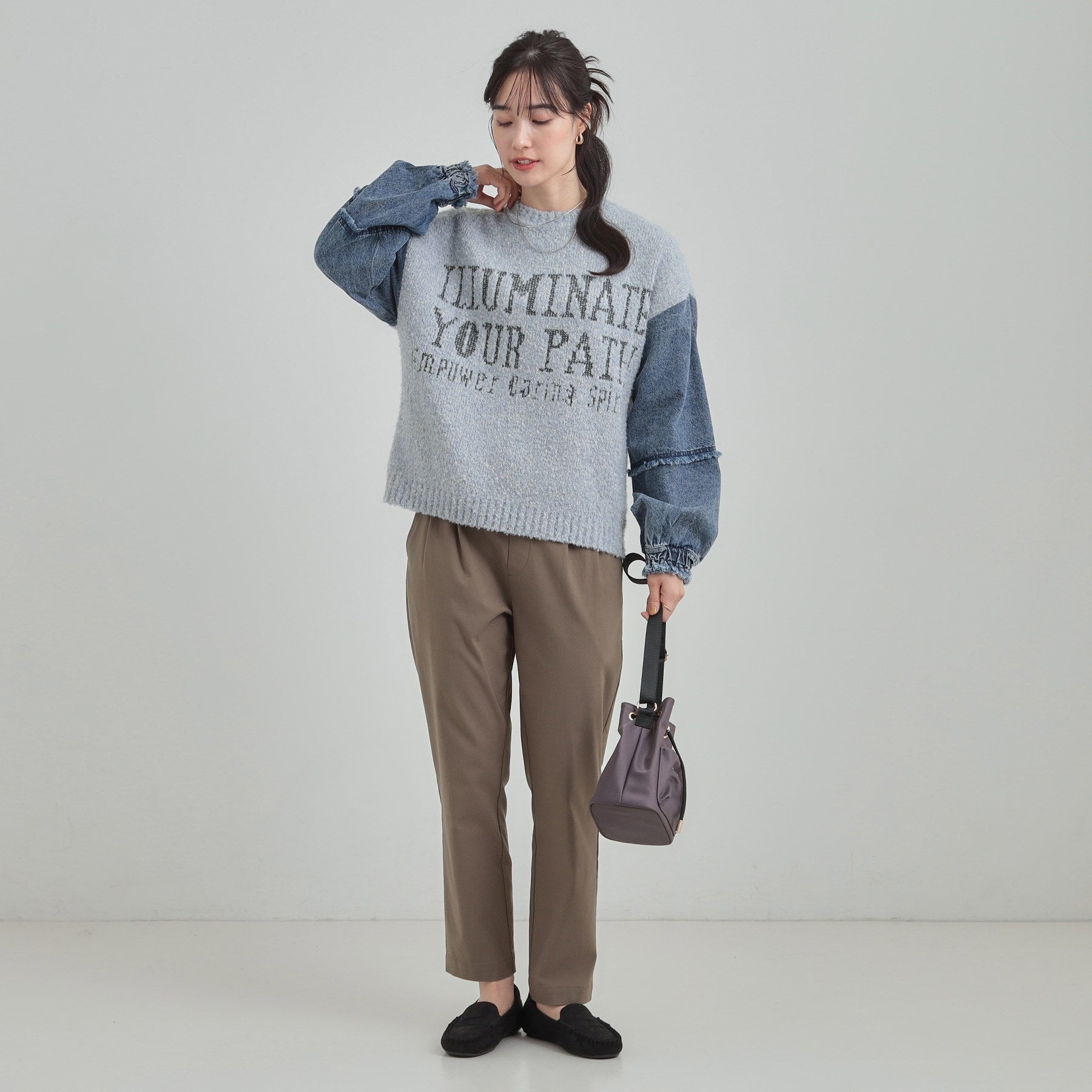 キューティーブロンド Cutie Blonde 袖デニム切替 ブークレロゴニット （チャコールグレー(014)） チャコールグレー(014)