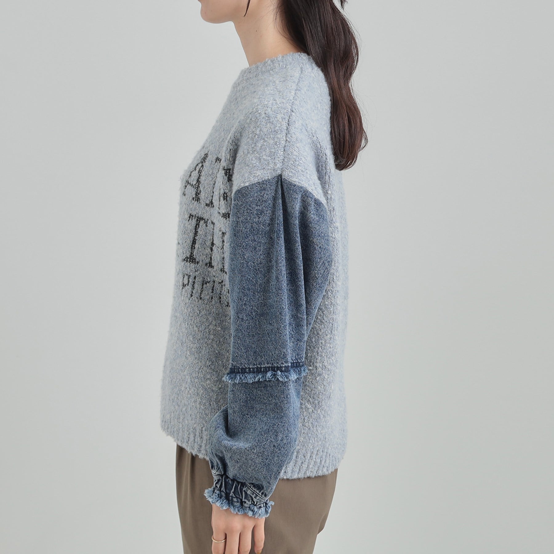 キューティーブロンド Cutie Blonde 袖デニム切替 ブークレロゴニット （チャコールグレー(014)） チャコールグレー(014)