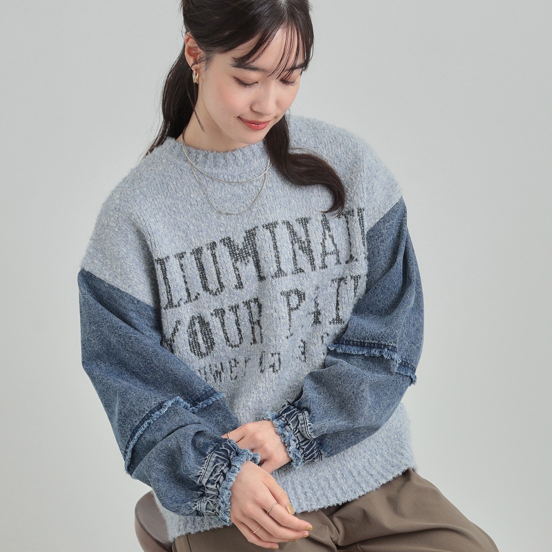 キューティーブロンド Cutie Blonde 袖デニム切替 ブークレロゴニット （チャコールグレー(014)） チャコールグレー(014)