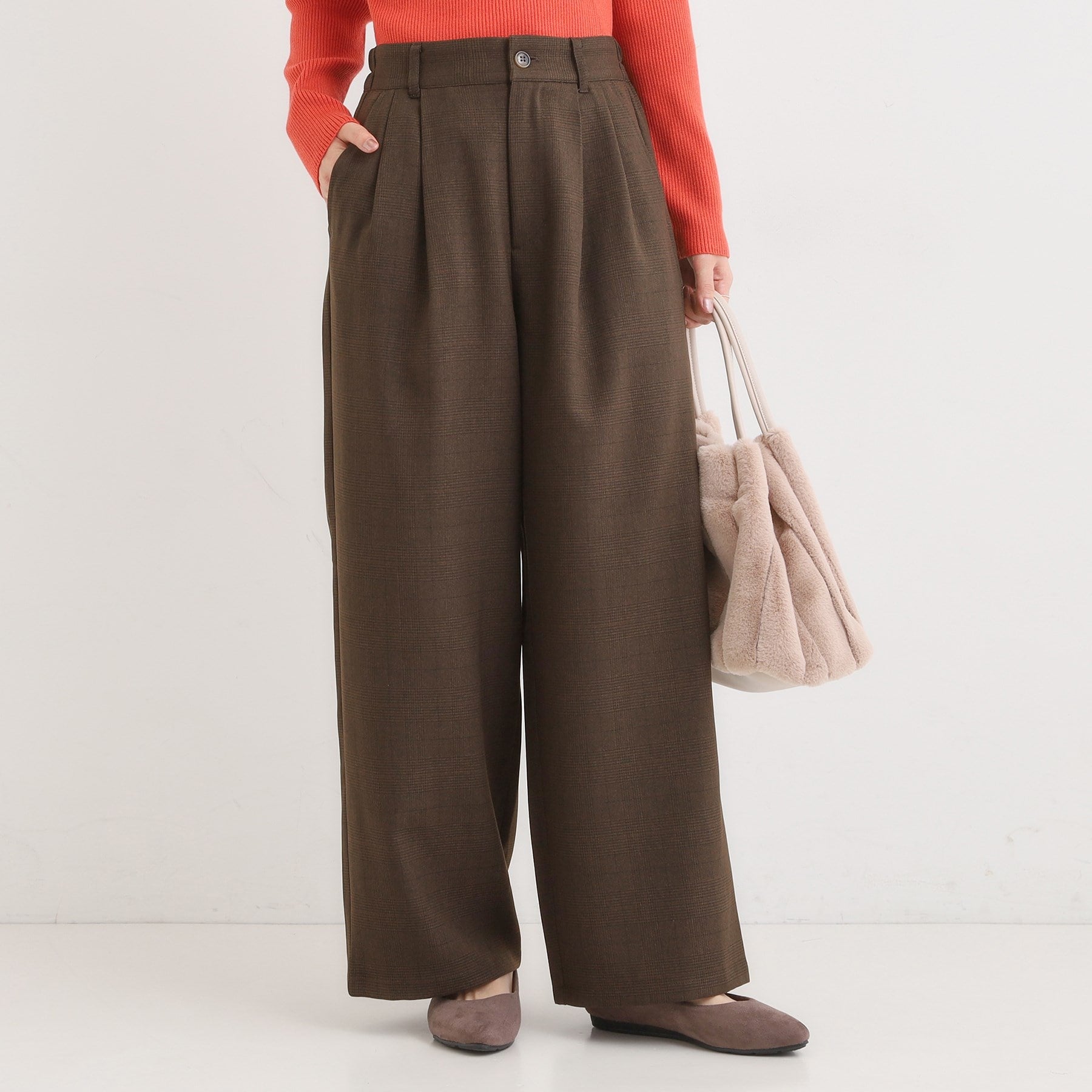 キューティーブロンド Cutie Blonde 【セットアップ可】チェック柄タックワイドパンツ （ブラウン(243)） ブラウン(243)