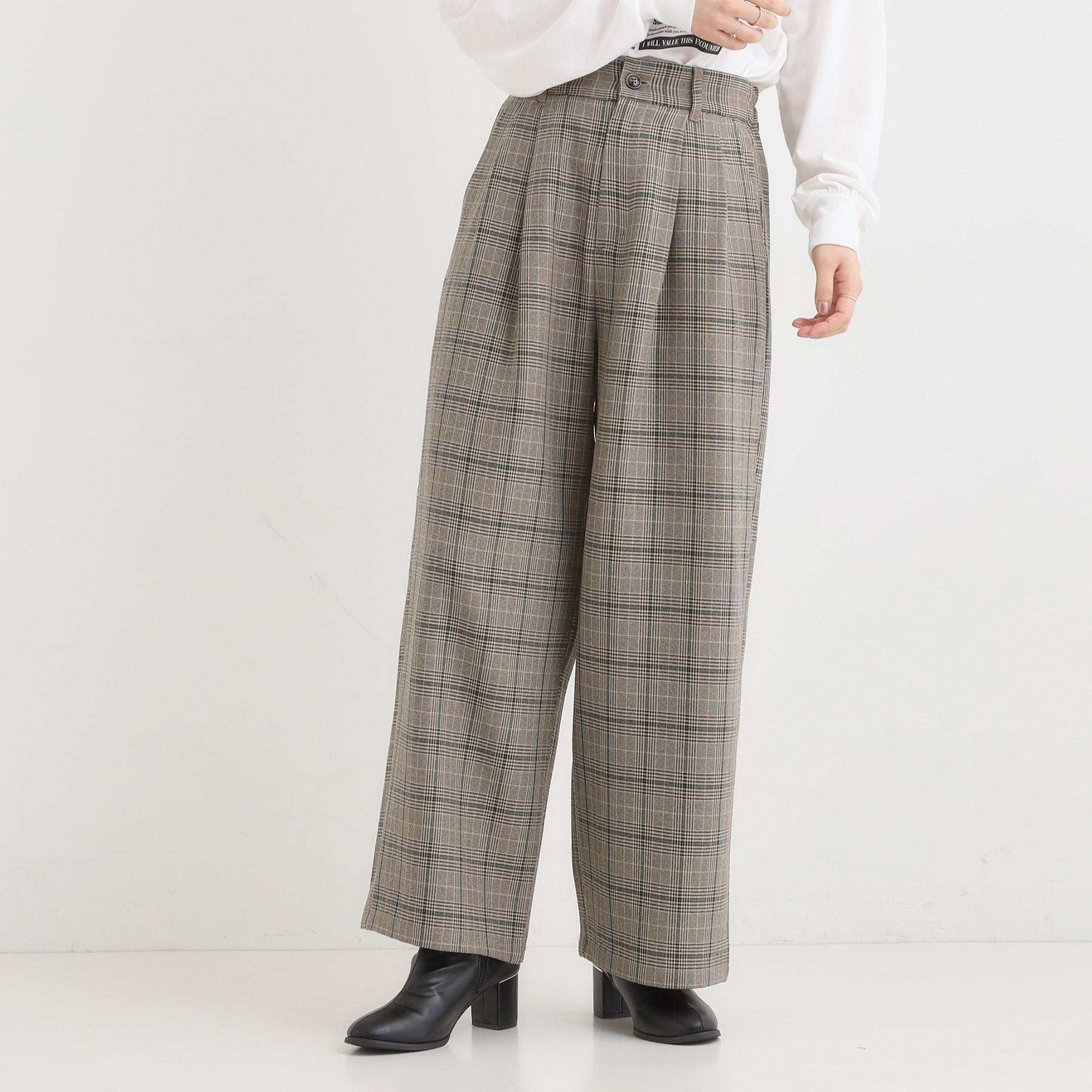 キューティーブロンド Cutie Blonde 【セットアップ可】チェック柄タックワイドパンツ （ブラウン(243)） ブラウン(243)