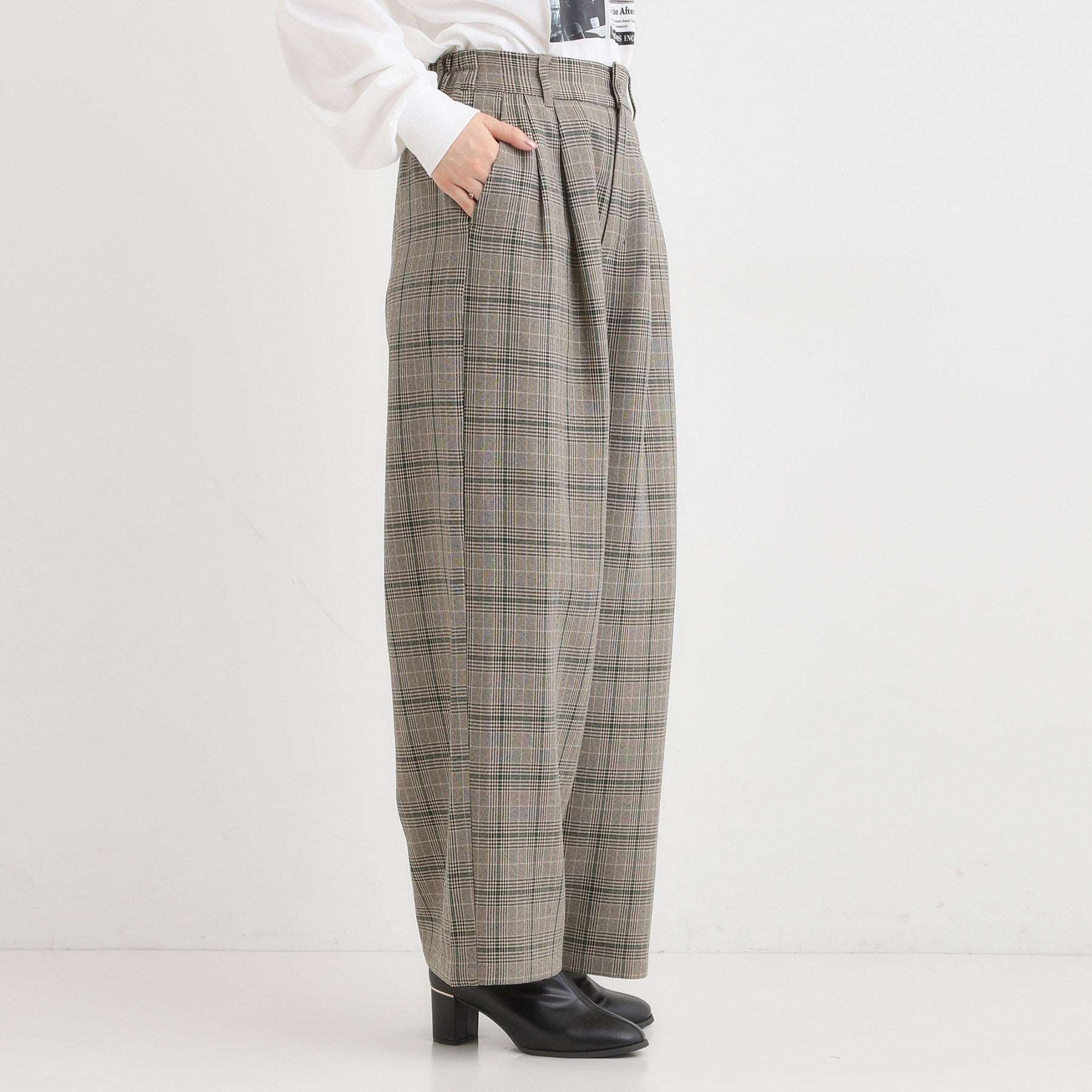 キューティーブロンド Cutie Blonde 【セットアップ可】チェック柄タックワイドパンツ （ブラウン(243)） ブラウン(243)