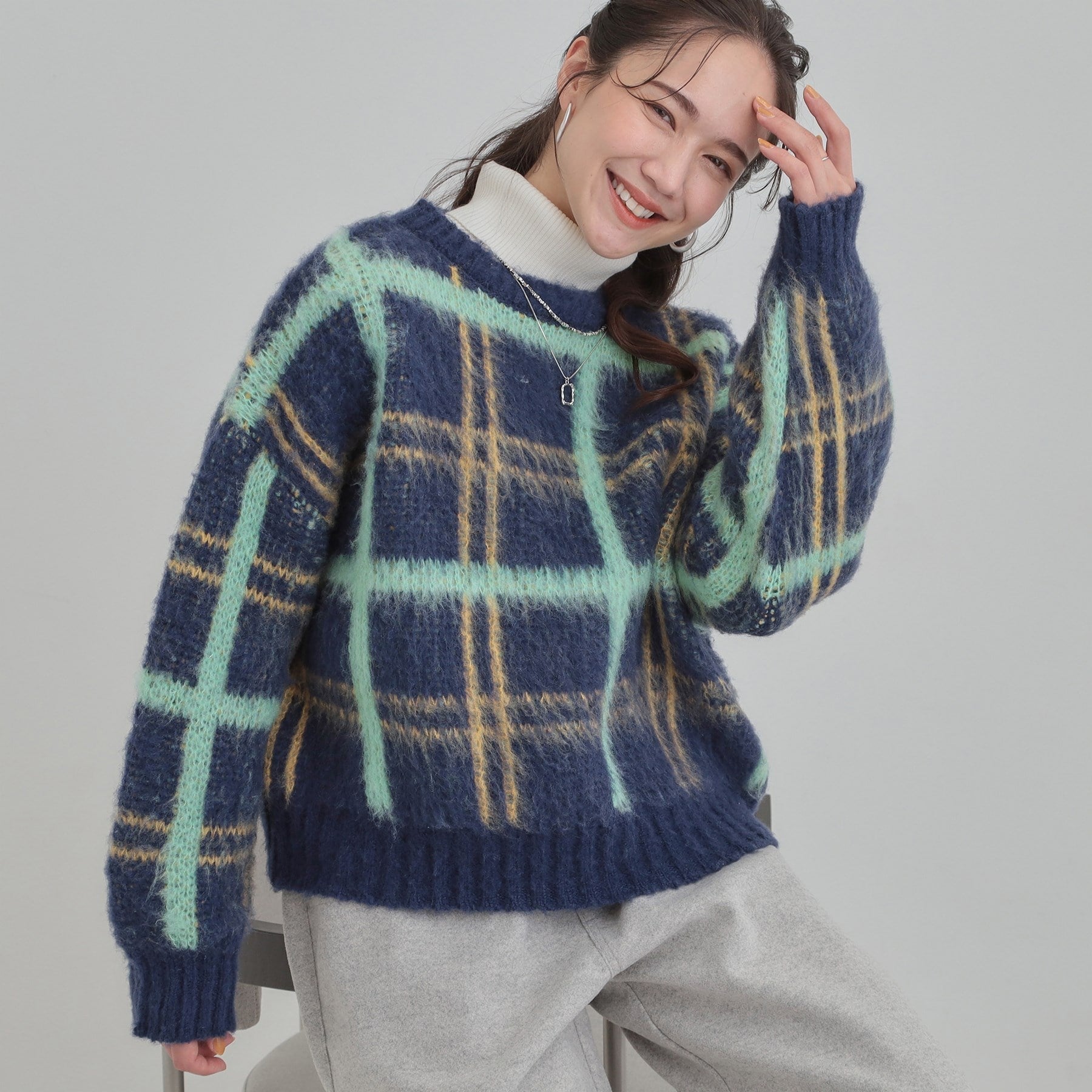 キューティーブロンド Cutie Blonde チェック柄ふわふわニット （ネイビー(294)） ネイビー(294)