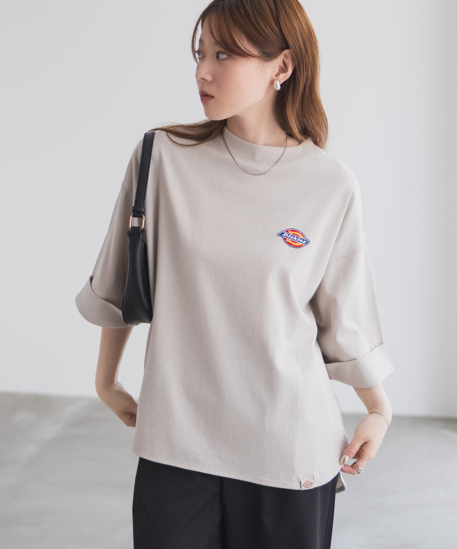 ディッキーズ Dickies 刺繍6分袖ロールアップTシャツ （グレージュ） グレージュ