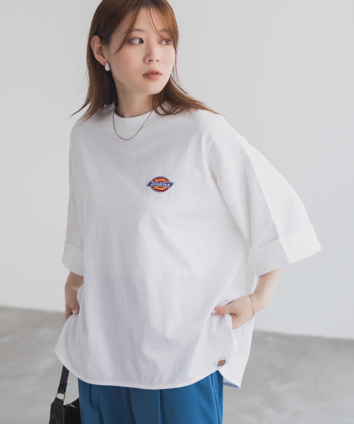 ディッキーズ Dickies 刺繍6分袖ロールアップTシャツ （グレージュ） グレージュ