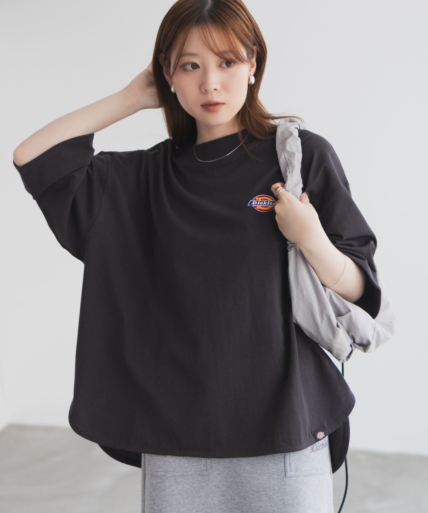 ディッキーズ Dickies 刺繍6分袖ロールアップTシャツ （グレージュ） グレージュ