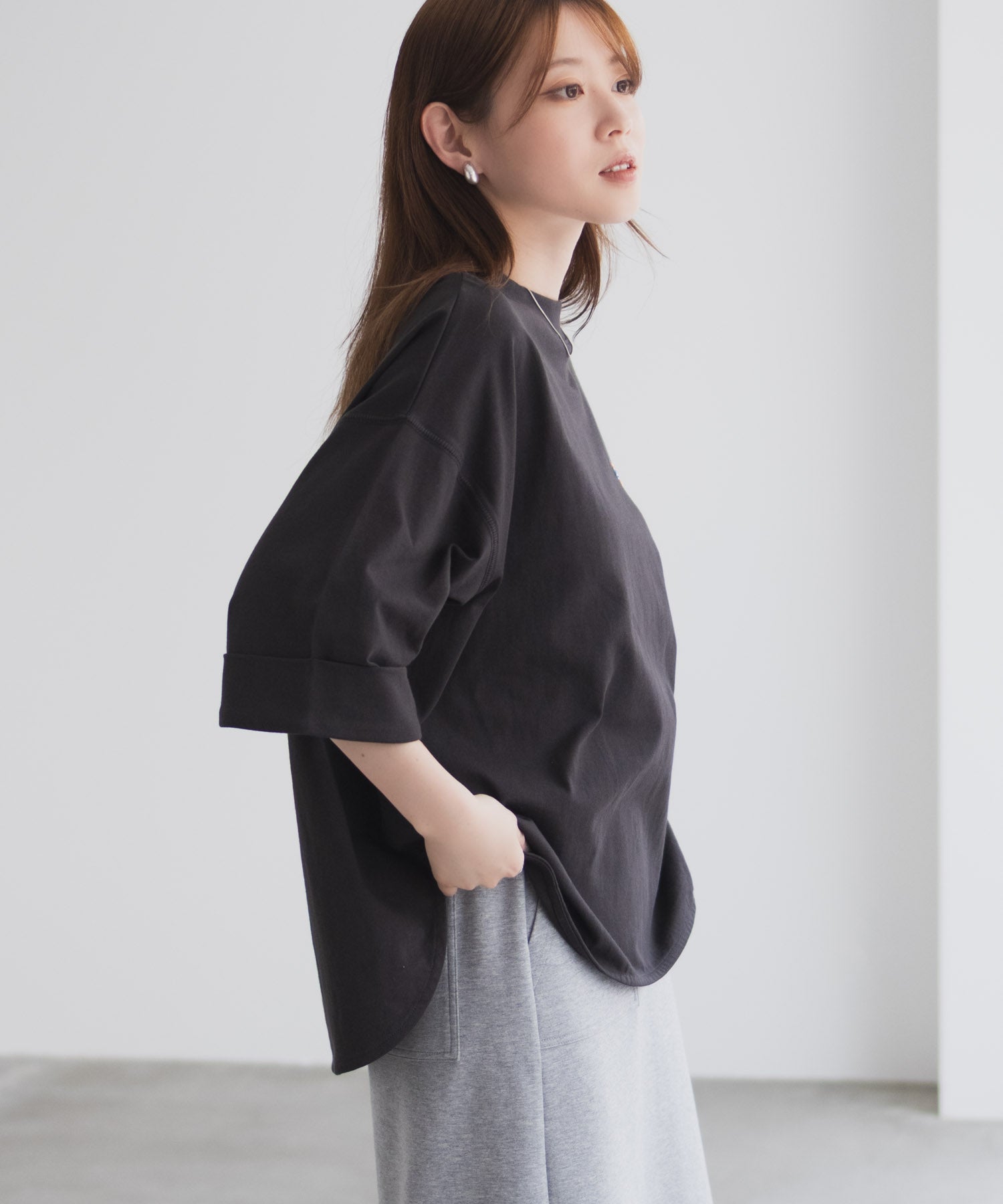 ディッキーズ Dickies 刺繍6分袖ロールアップTシャツ （グレージュ） グレージュ