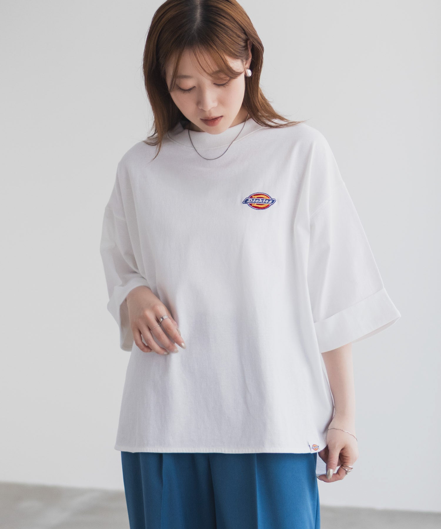 ディッキーズ Dickies 刺繍6分袖ロールアップTシャツ （グレージュ） グレージュ