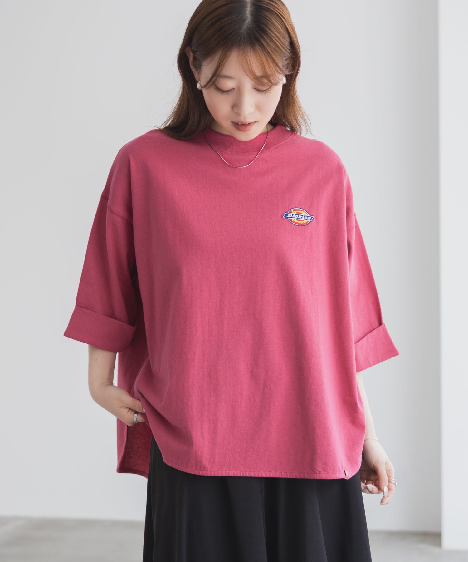 ディッキーズ Dickies 刺繍6分袖ロールアップTシャツ （グレージュ） グレージュ