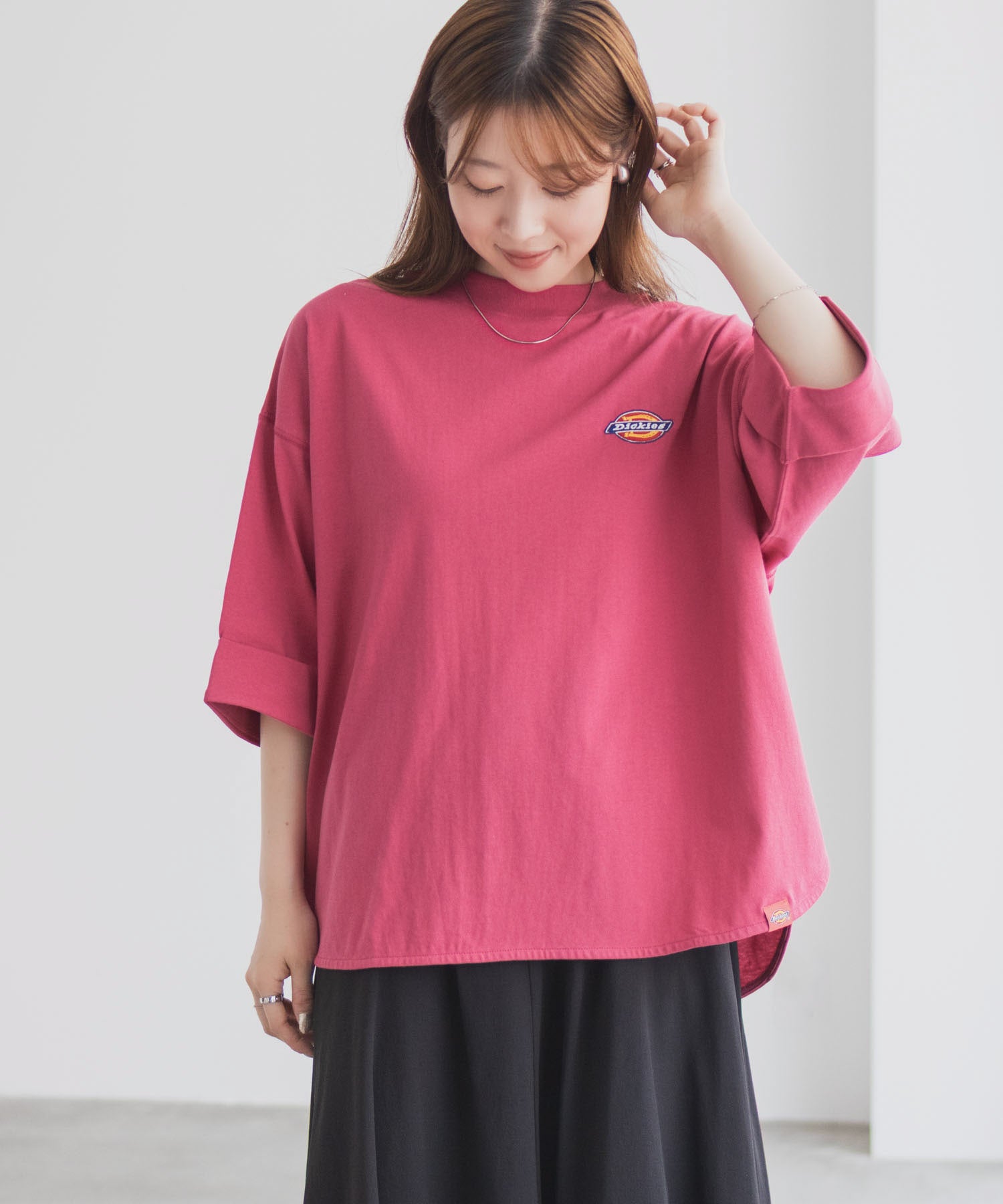 ディッキーズ Dickies 刺繍6分袖ロールアップTシャツ （グレージュ） グレージュ