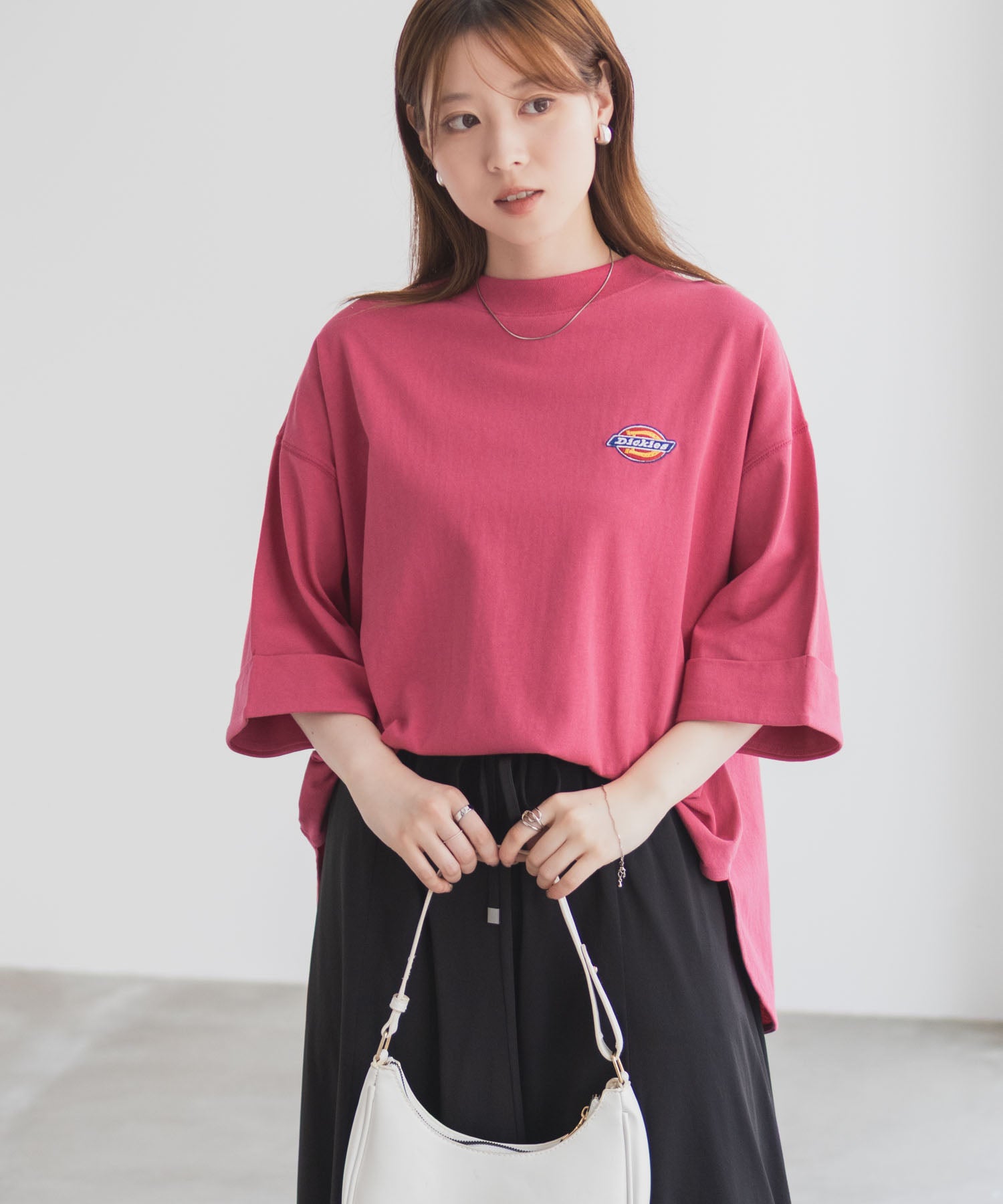 ディッキーズ Dickies 刺繍6分袖ロールアップTシャツ （グレージュ） グレージュ