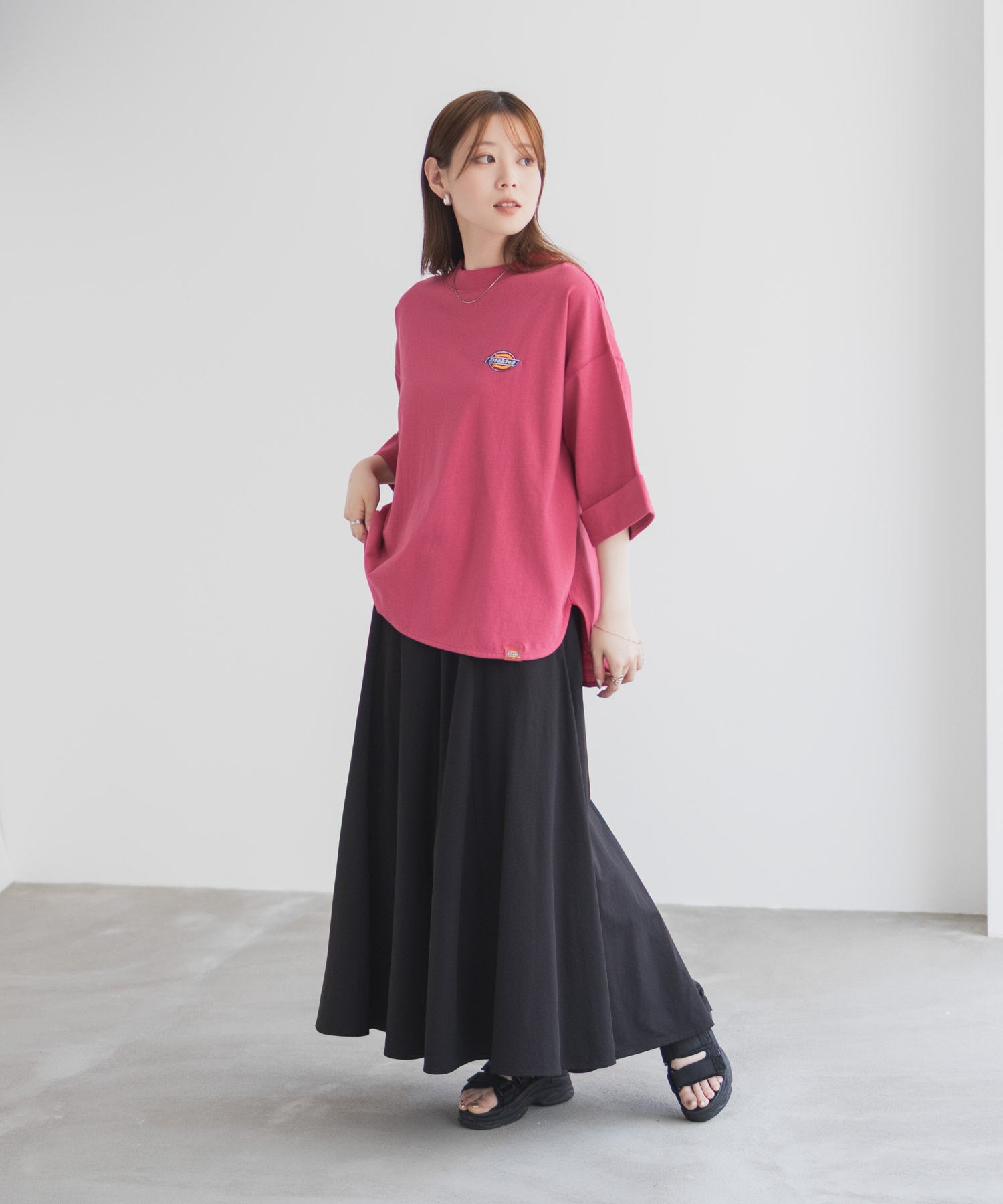 ディッキーズ Dickies 刺繍6分袖ロールアップTシャツ （グレージュ） グレージュ