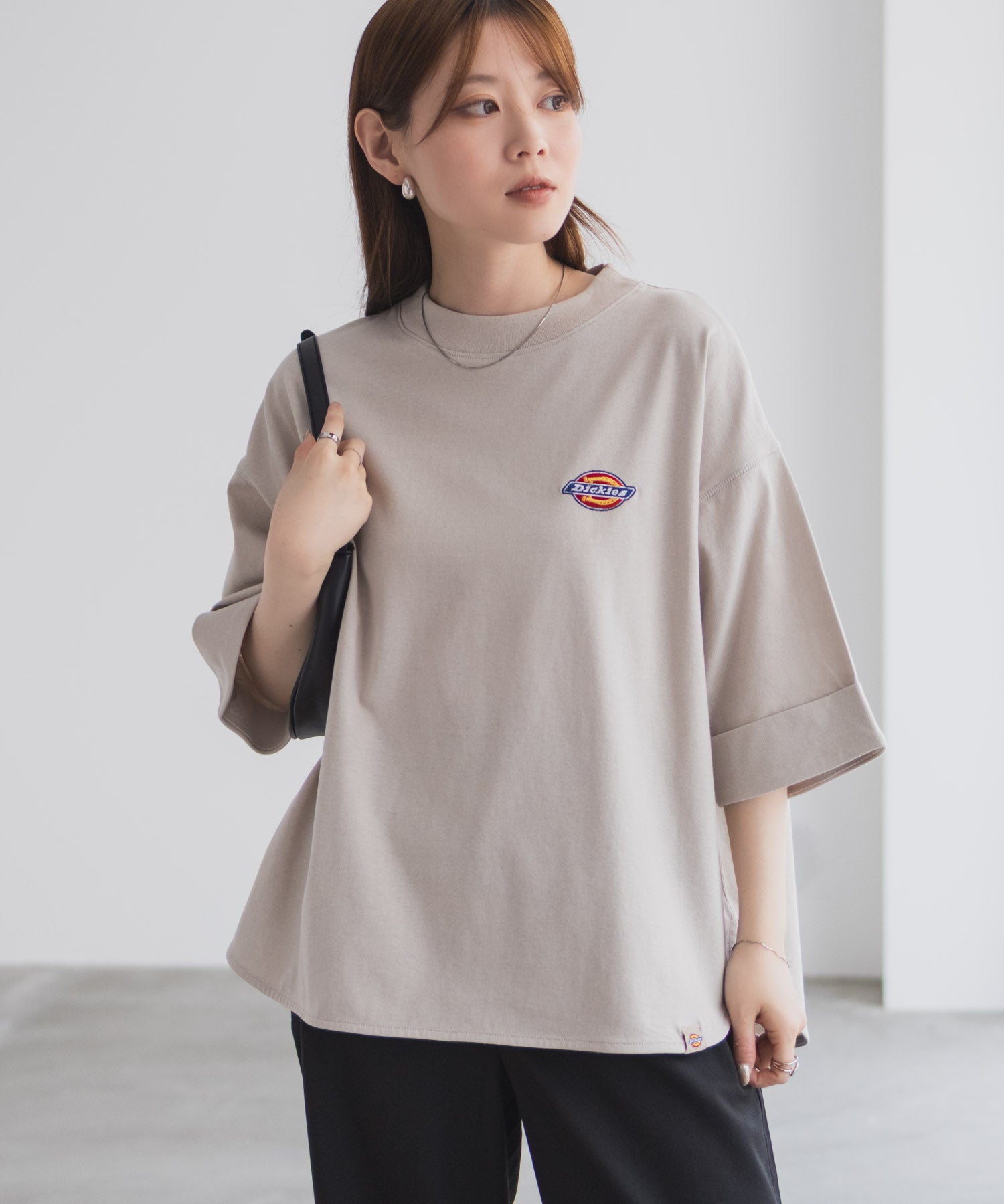 ディッキーズ Dickies 刺繍6分袖ロールアップTシャツ （グレージュ） グレージュ