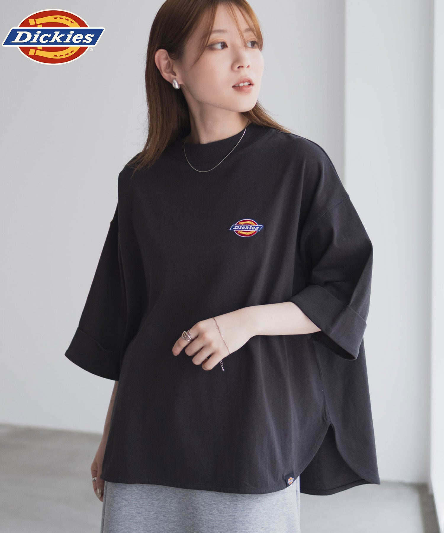 ディッキーズ Dickies 刺繍6分袖ロールアップTシャツ （スミクロ） スミクロ