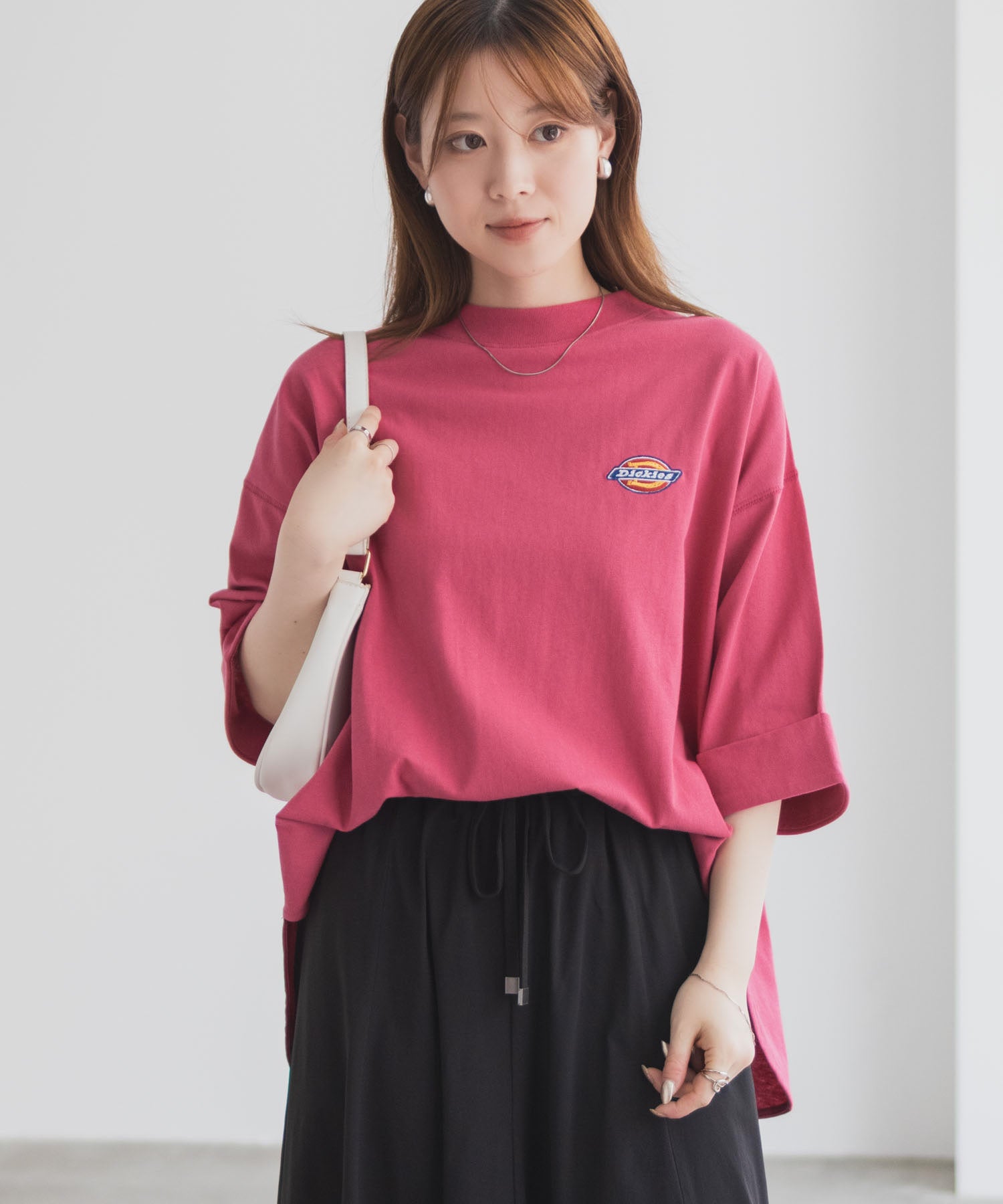 ディッキーズ Dickies 刺繍6分袖ロールアップTシャツ （レッド） レッド