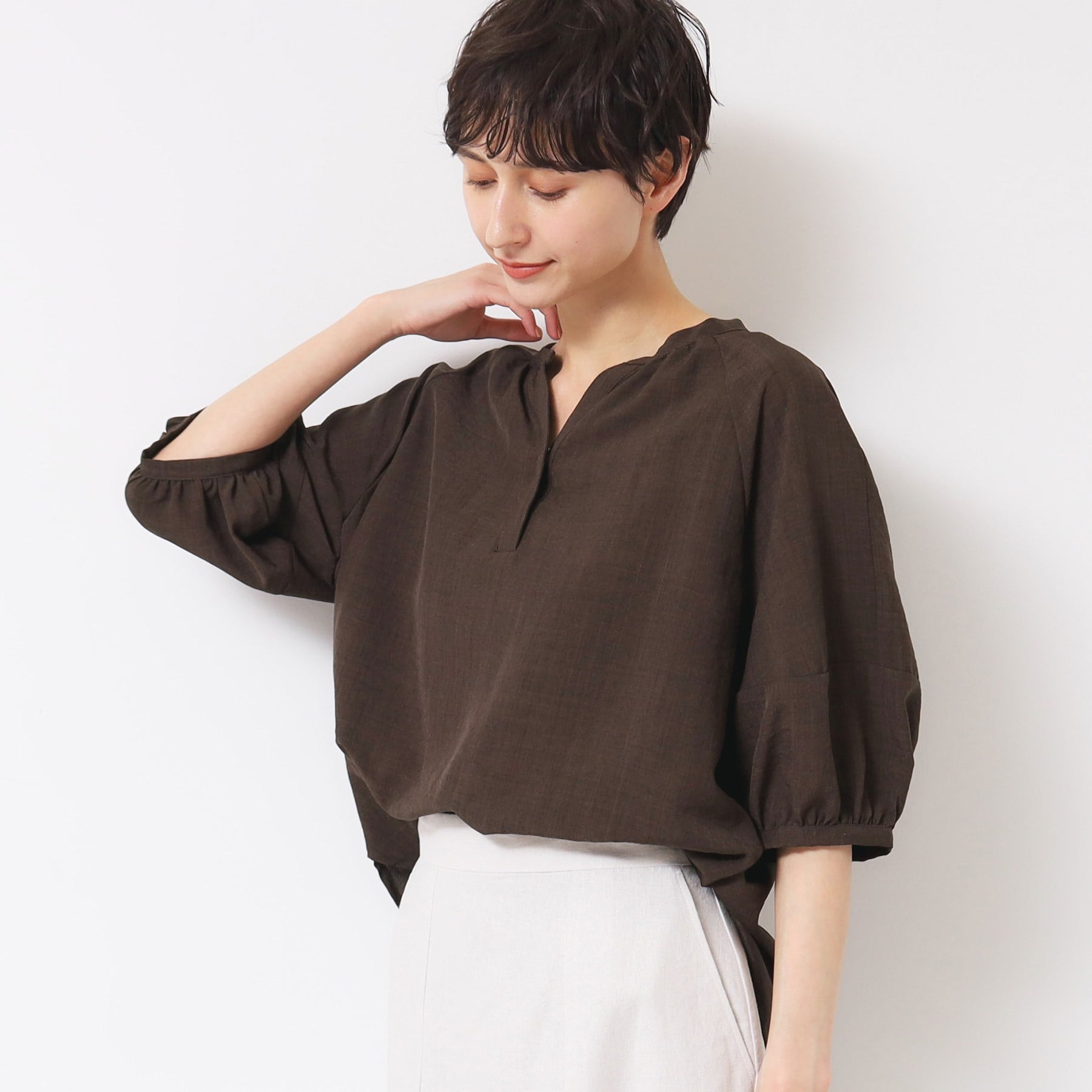 デッサン Dessin スキッパー五分袖ブラウス（XS～L） （ブラウン(045)） ブラウン(045)