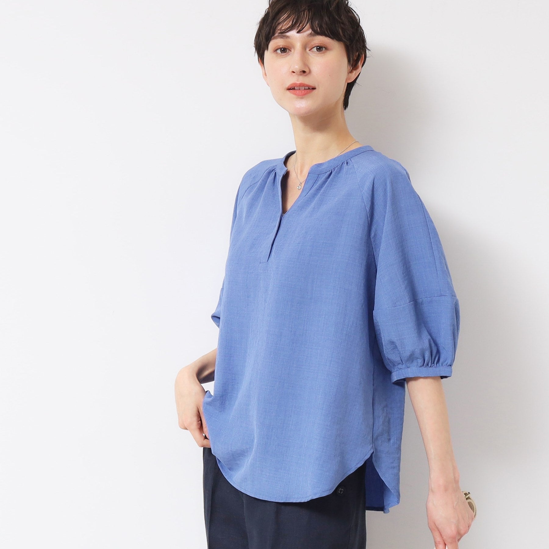 デッサン Dessin スキッパー五分袖ブラウス（XS～L） （ブルー(092)） ブルー(092)
