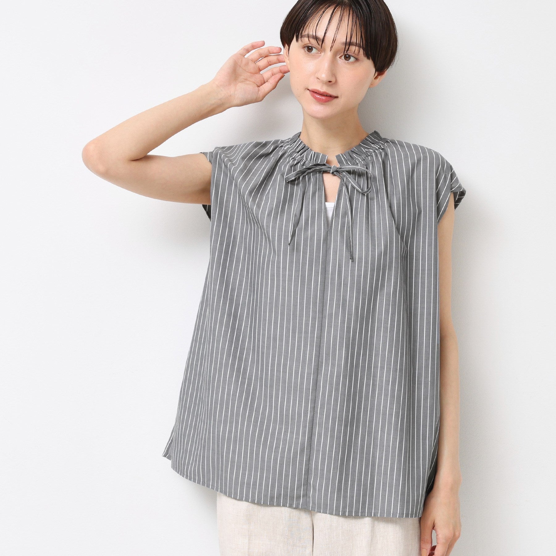 デッサン Dessin ストライプフレンチスキッパーブラウス （チャコールグレー(314)） チャコールグレー(314)