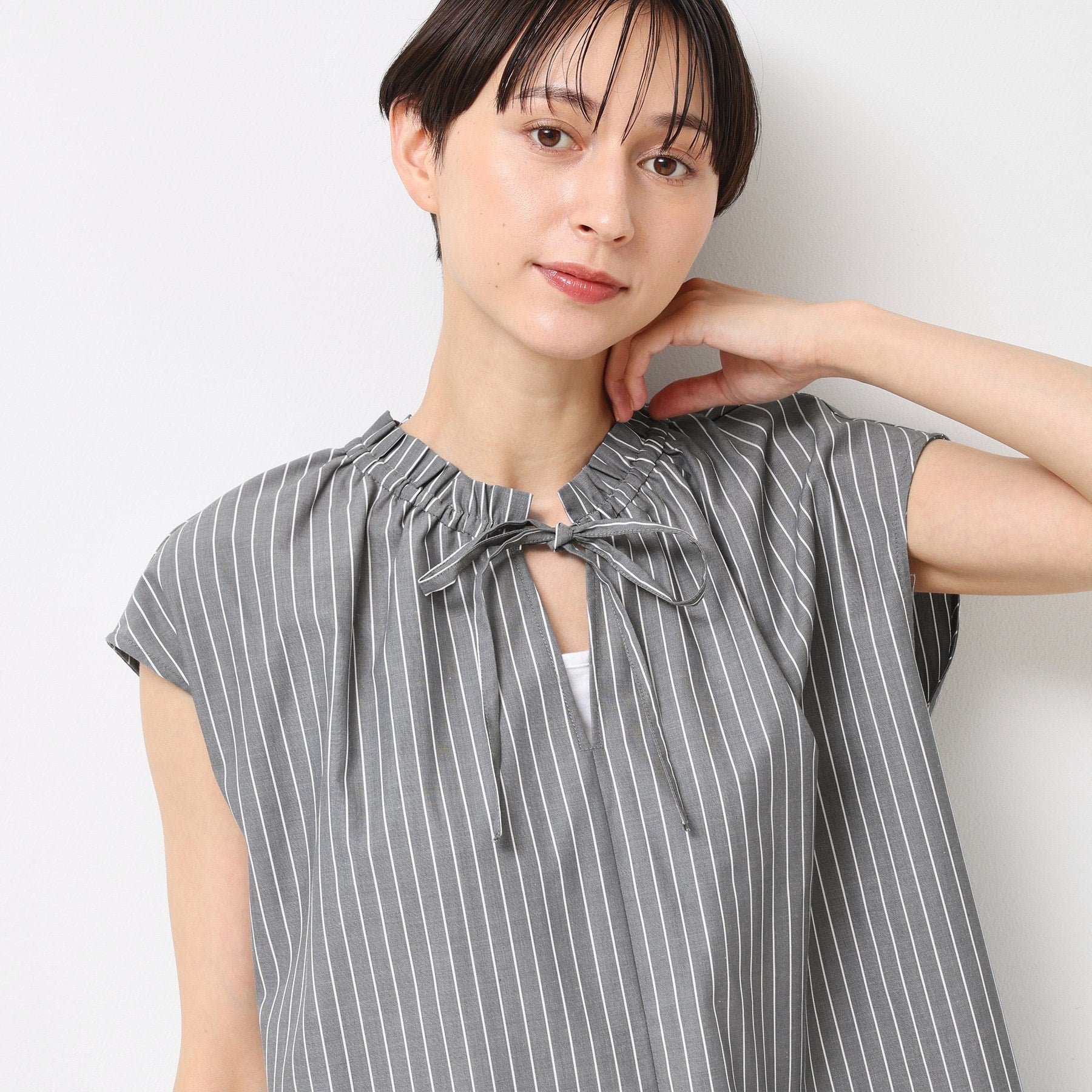 デッサン Dessin ストライプフレンチスキッパーブラウス （チャコールグレー(314)） チャコールグレー(314)