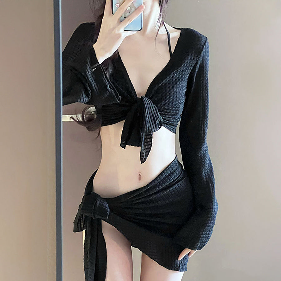 ダイヤモンドハーツ Diamond Hearts 【訳あり新品】フロントリボンボレロ＆パレオ付きビキニ4点セット 【返品不可商品】 （ブラック） ブラック