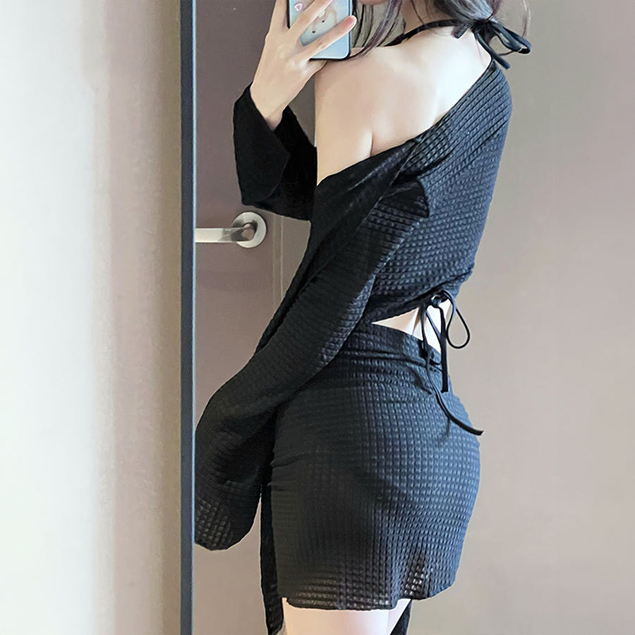 ダイヤモンドハーツ Diamond Hearts 【訳あり新品】フロントリボンボレロ＆パレオ付きビキニ4点セット 【返品不可商品】 （ブラック） ブラック