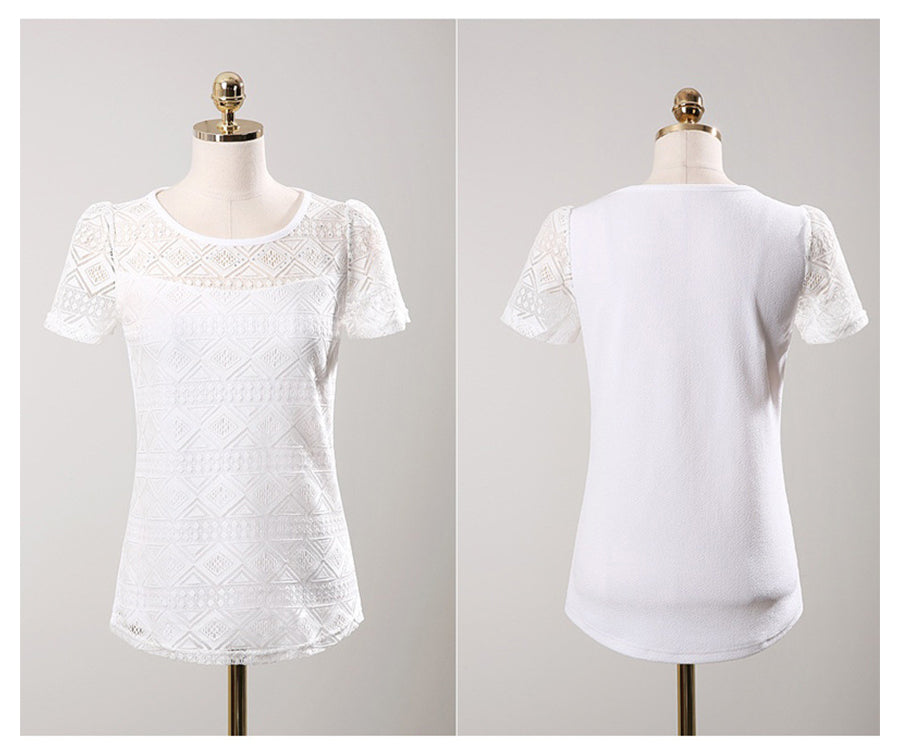 ダイヤモンドハーツ Diamond Hearts 【Tシャツ】総レース Tシャツ ブラウス 春夏 レディース 半袖 幾何学模様レース 韓国ファッション 韓国 大きいサイズ 春 夏 トップス 韓国 韓国ファッション （ホワイト） ホワイト