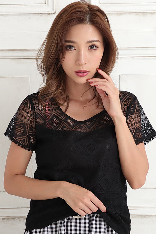 ダイヤモンドハーツ Diamond Hearts 【Tシャツ】総レース Tシャツ ブラウス 春夏 レディース 半袖 幾何学模様レース 韓国ファッション 韓国 大きいサイズ 春 夏 トップス 韓国 韓国ファッション （ホワイト） ホワイト