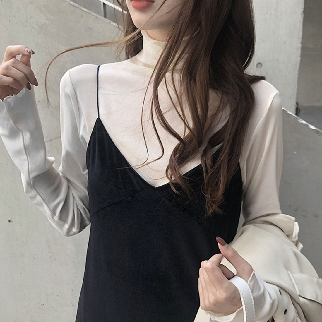 ダイヤモンドハーツ Diamond Hearts シースルートップス長袖シアータートルネック,ホワイト