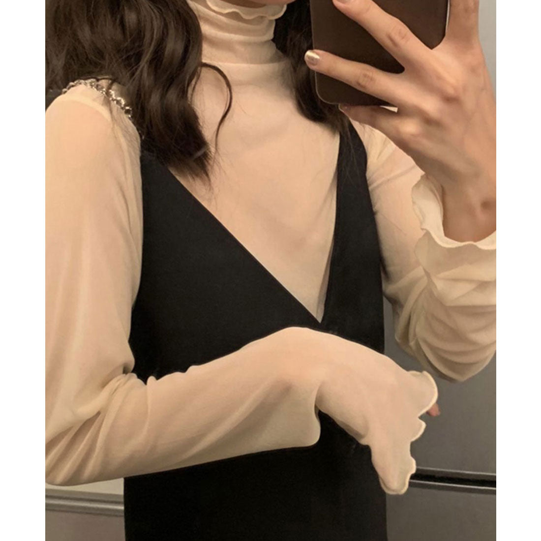 ダイヤモンドハーツ Diamond Hearts シースルートップス長袖シアータートルネック,ベージュ