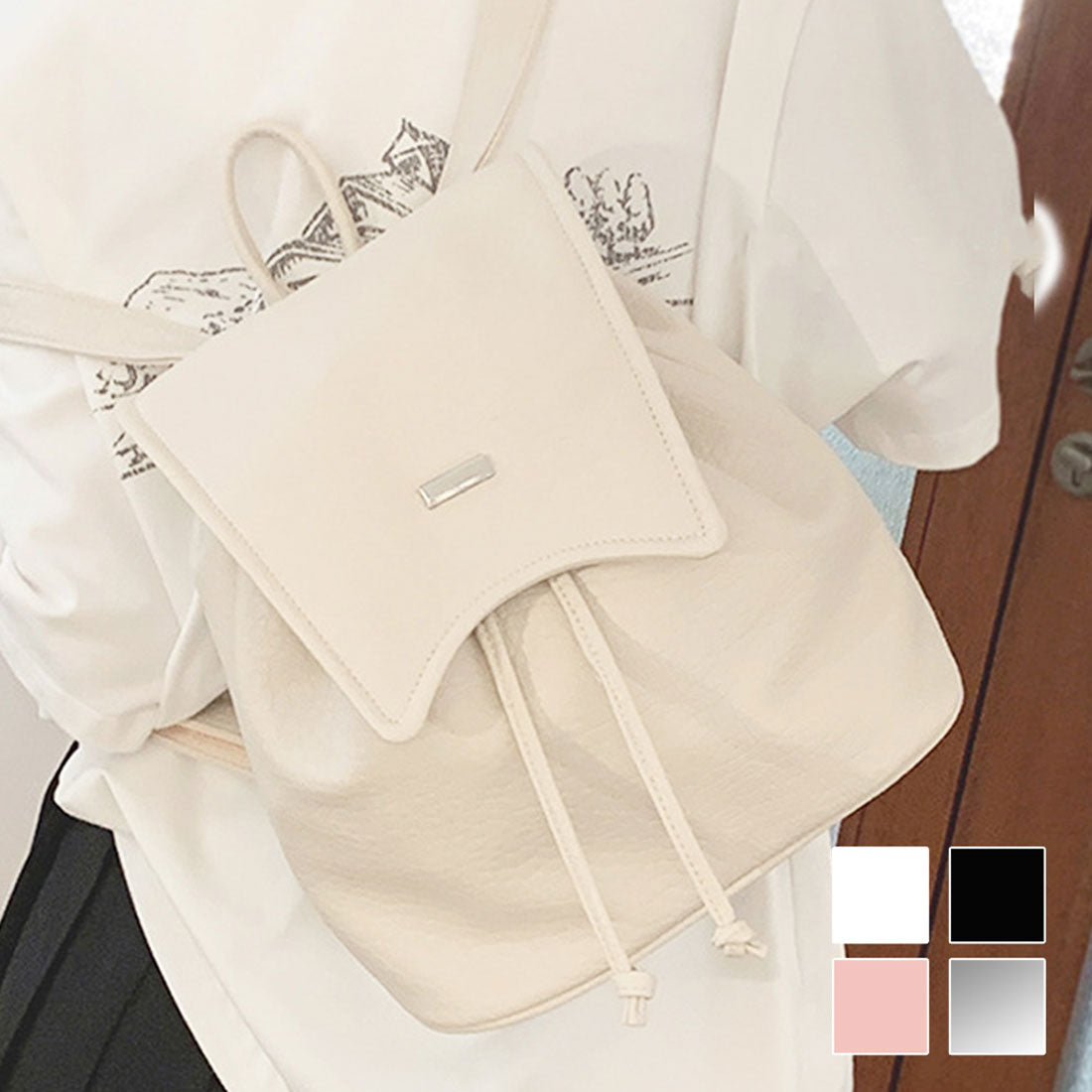 Dewlily Faux Leather Backpack for Women, Teens, 20s, 30s, Korean Fashion, Casual, Stylish, Bag, Backpack, Large Capacity, Backpack, Black, White