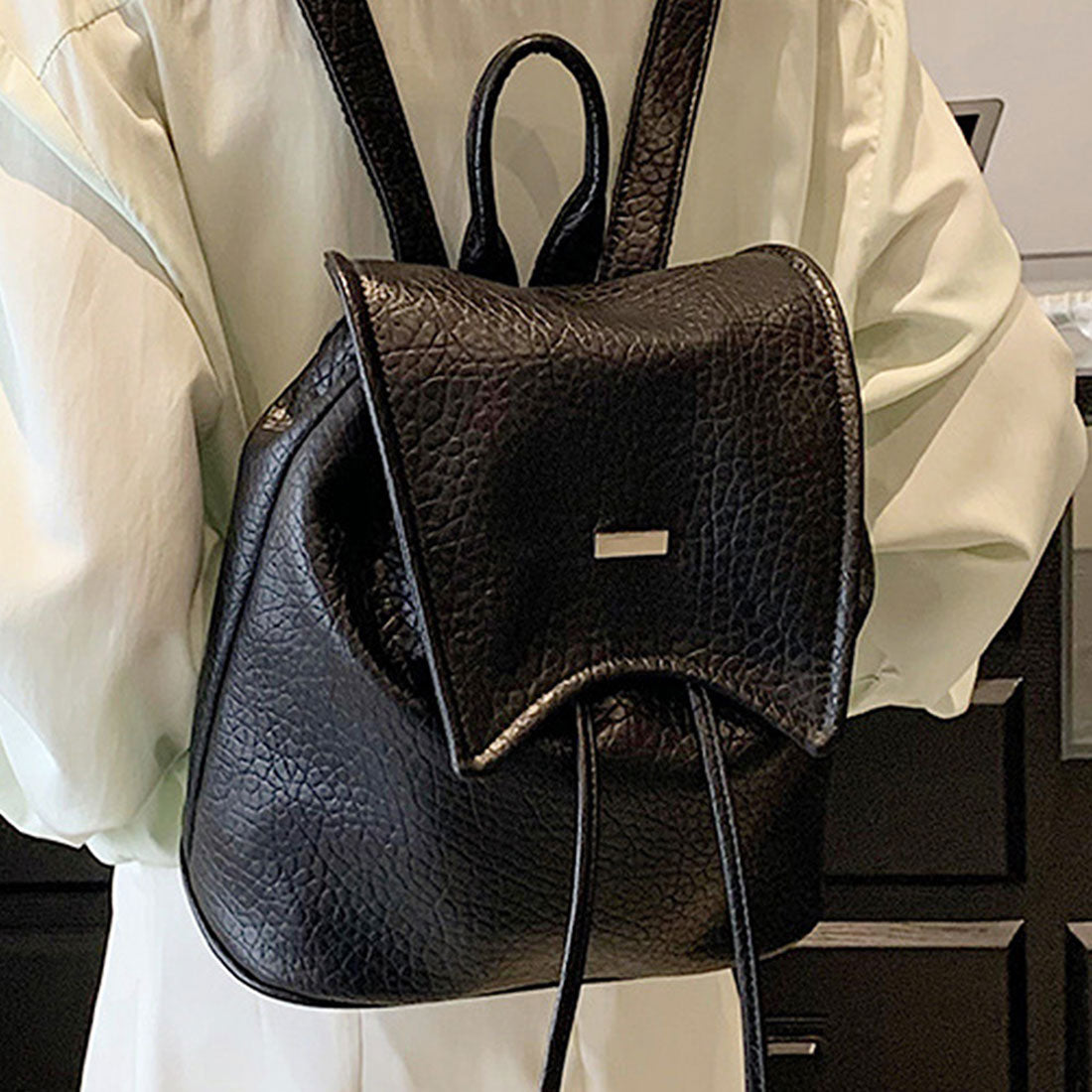 Dewlily Faux Leather Backpack for Women, Teens, 20s, 30s, Korean Fashion, Casual, Stylish, Bag, Backpack, Large Capacity, Backpack, Black, White