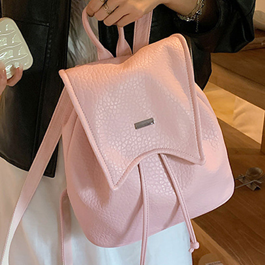 Dewlily Faux Leather Backpack for Women, Teens, 20s, 30s, Korean Fashion, Casual, Stylish, Bag, Backpack, Large Capacity, Backpack, Black, White