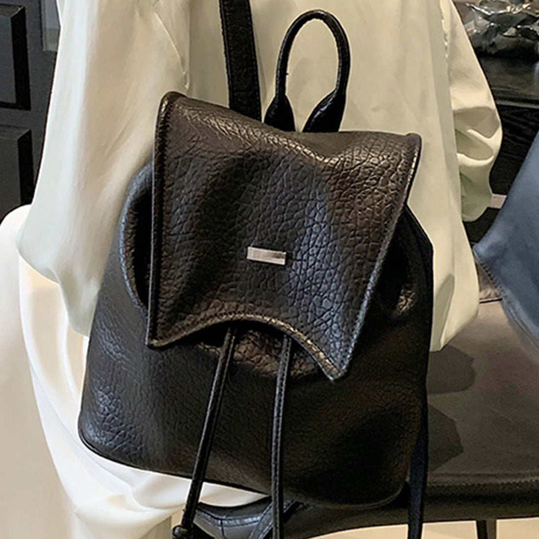 Dewlily Faux Leather Backpack for Women, Teens, 20s, 30s, Korean Fashion, Casual, Stylish, Bag, Backpack, Large Capacity, Backpack, Black, White