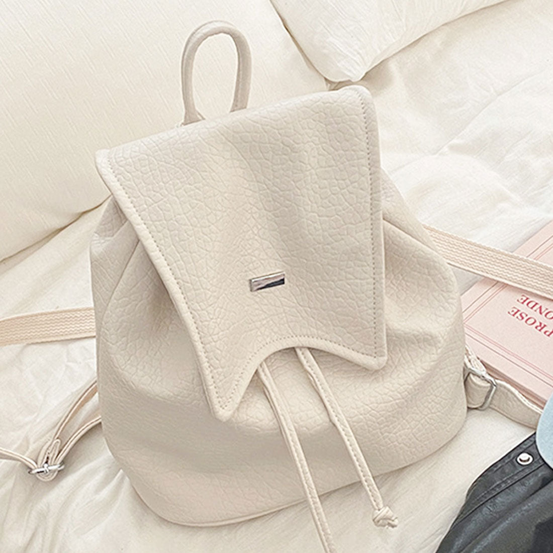 Dewlily Faux Leather Backpack for Women, Teens, 20s, 30s, Korean Fashion, Casual, Stylish, Bag, Backpack, Large Capacity, Backpack, Black, White
