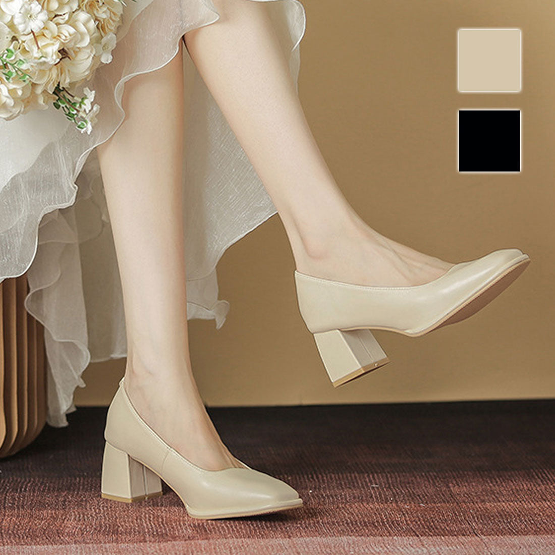 Dewlily Simple Pumps with Heels Korean Fashion for Teens, 20s, and 30s Chunky Heels Easy to Walk in Memory Foam Insoles Comfortable to Wear Great for Work and Job Hunting