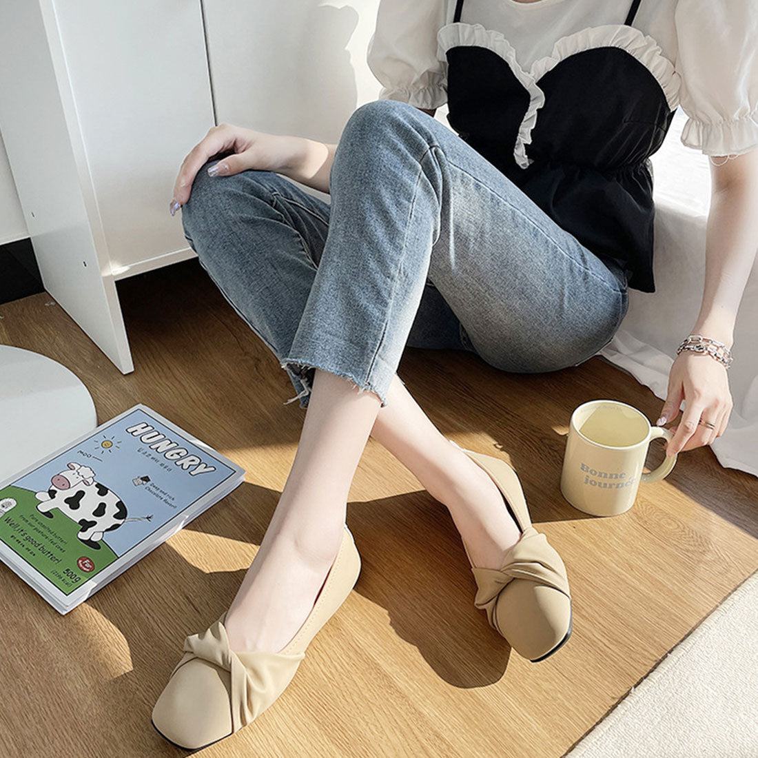 Dewlily Square Toe Chunky Heel Korean Fashion Teens 20s 30s Elegant Mature Low Heel Long Wear Fatigue-Free Leg Lengthening Effect